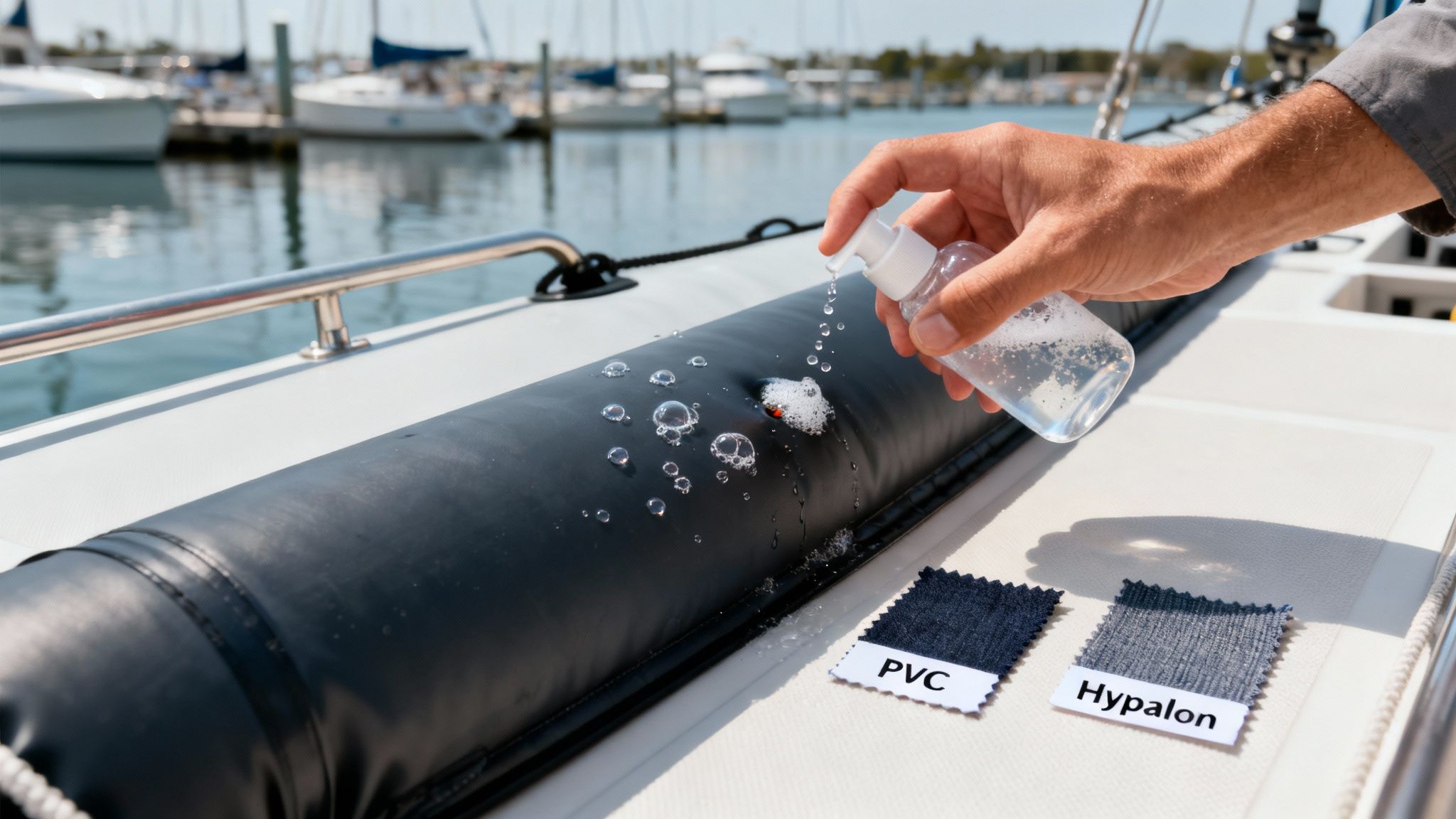 A person inspecting the side of a yellow and grey inflatable boat for leaks.