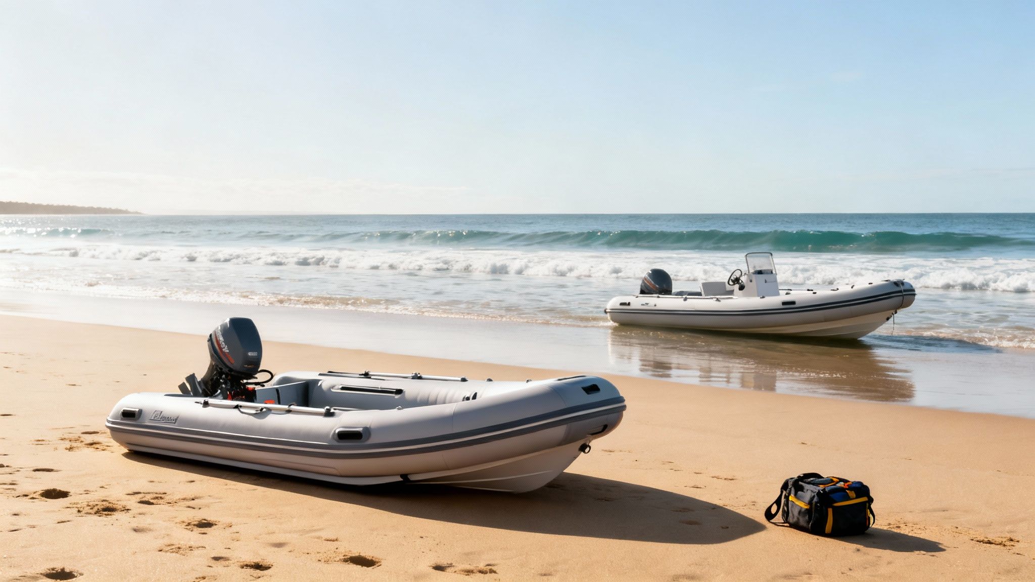 Two inflatable boats with engines rest on a sunlit sandy beach with ocean waves.