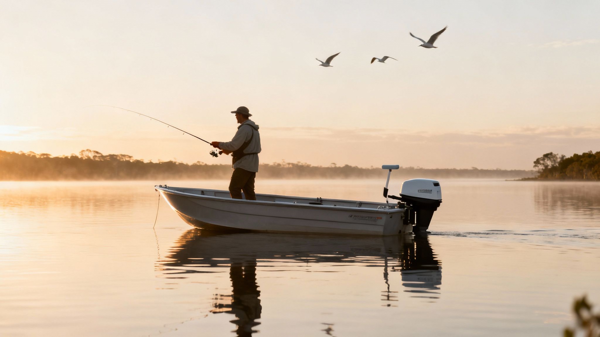 A man fishes from a small boat on a misty lake during a beautiful sunrise, with birds flying.