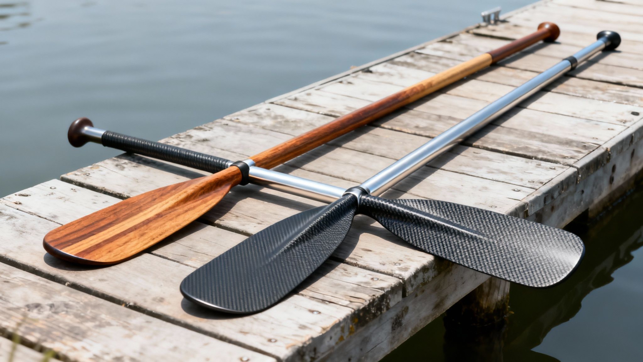 Two boat paddles, one wooden and one carbon fiber, rest on a rustic wooden dock beside calm water.