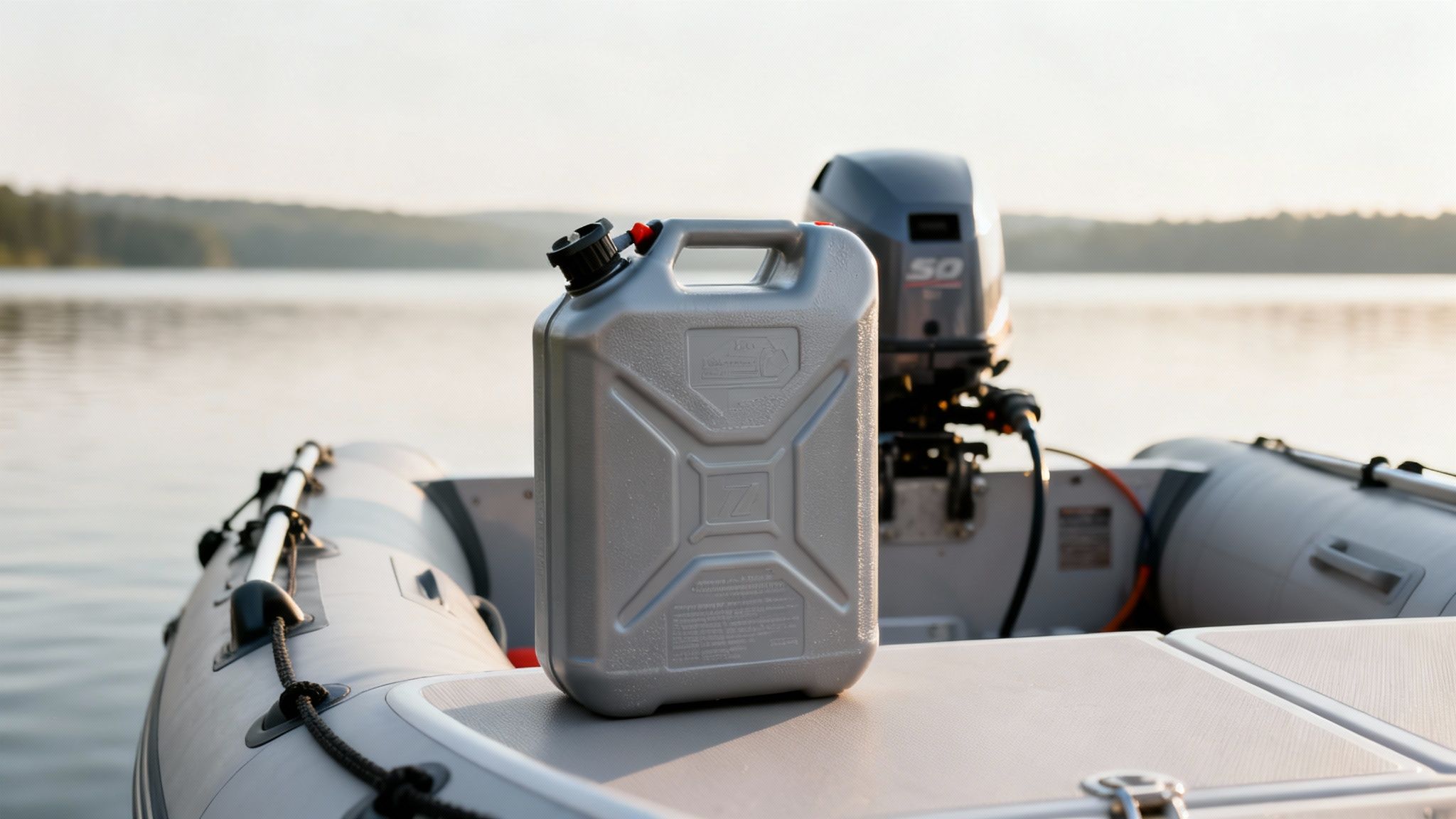A grey portable gas tank sits on the deck of a boat with an outboard motor on a calm lake.