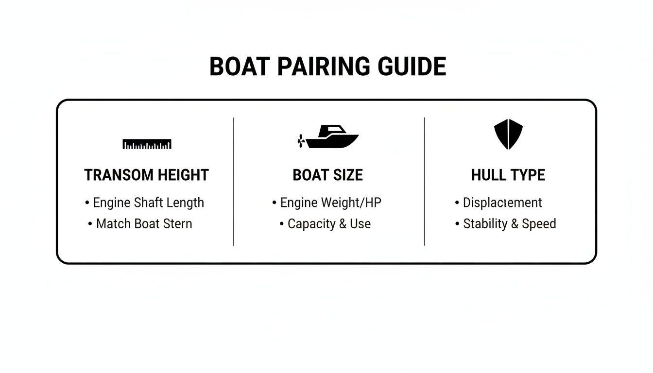 A boat pairing guide showing transom height, boat size, and hull type with relevant factors.