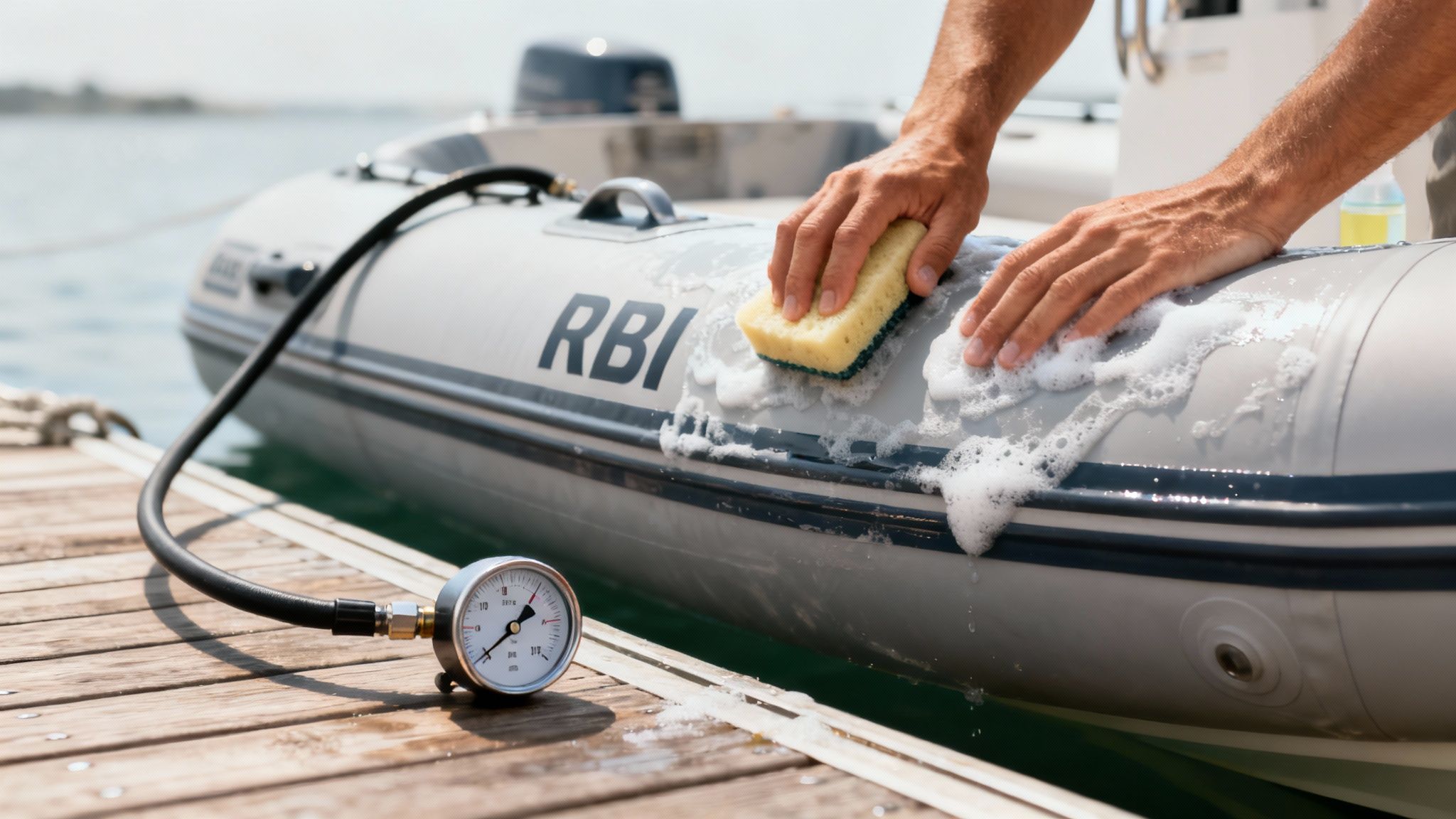 A person's hands scrub a gray rigid hull inflatable boat with a sponge, creating suds on the dock.