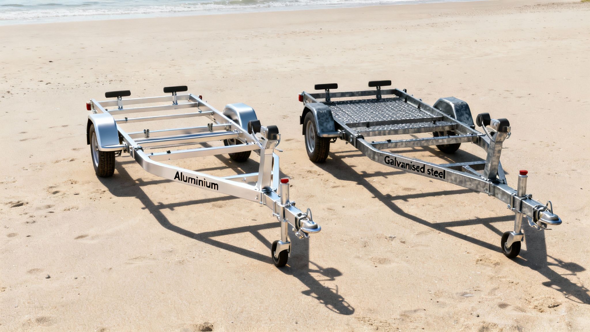 Two boat trailers, one aluminum and one galvanized steel, displayed on a sandy beach.