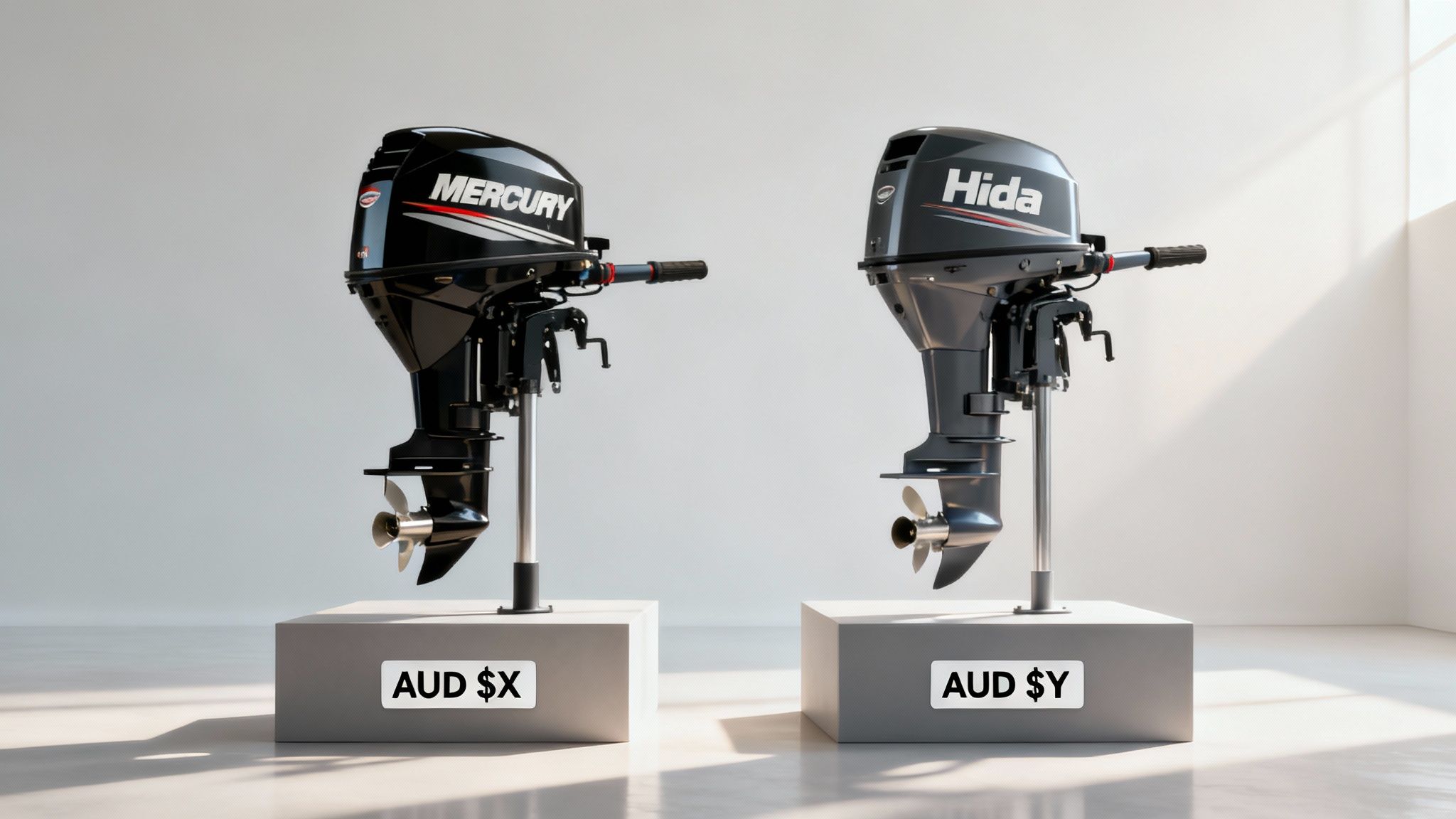 A Hidea outboard motor being showcased against a scenic water backdrop.