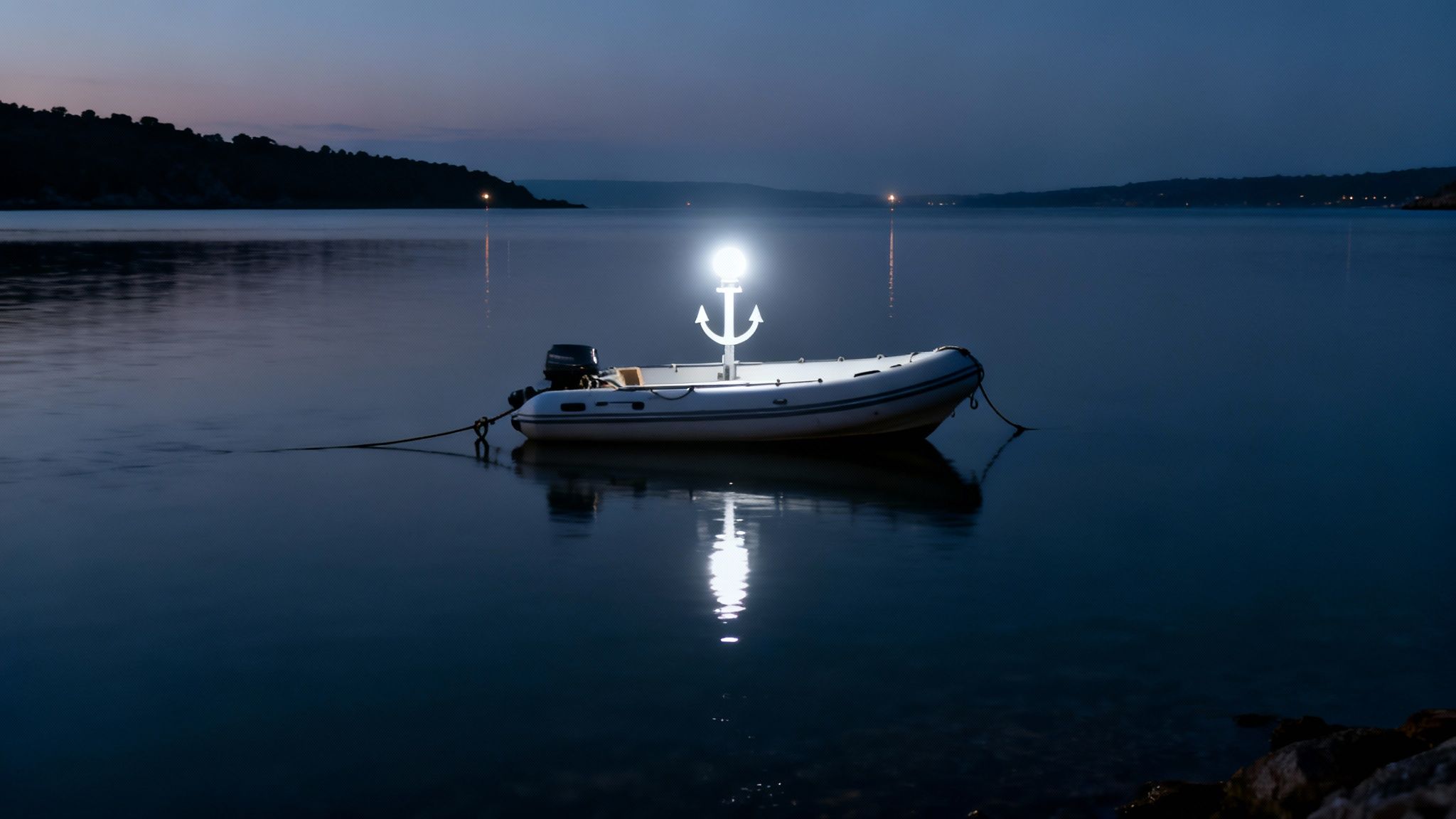 A glowing anchor light illuminates a white inflatable boat on calm dark water at night.