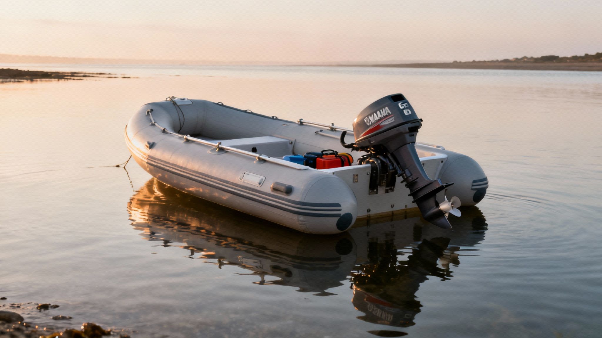 An inflatable boat with a Yamaha 6HP outboard motor rests in calm water at sunset.