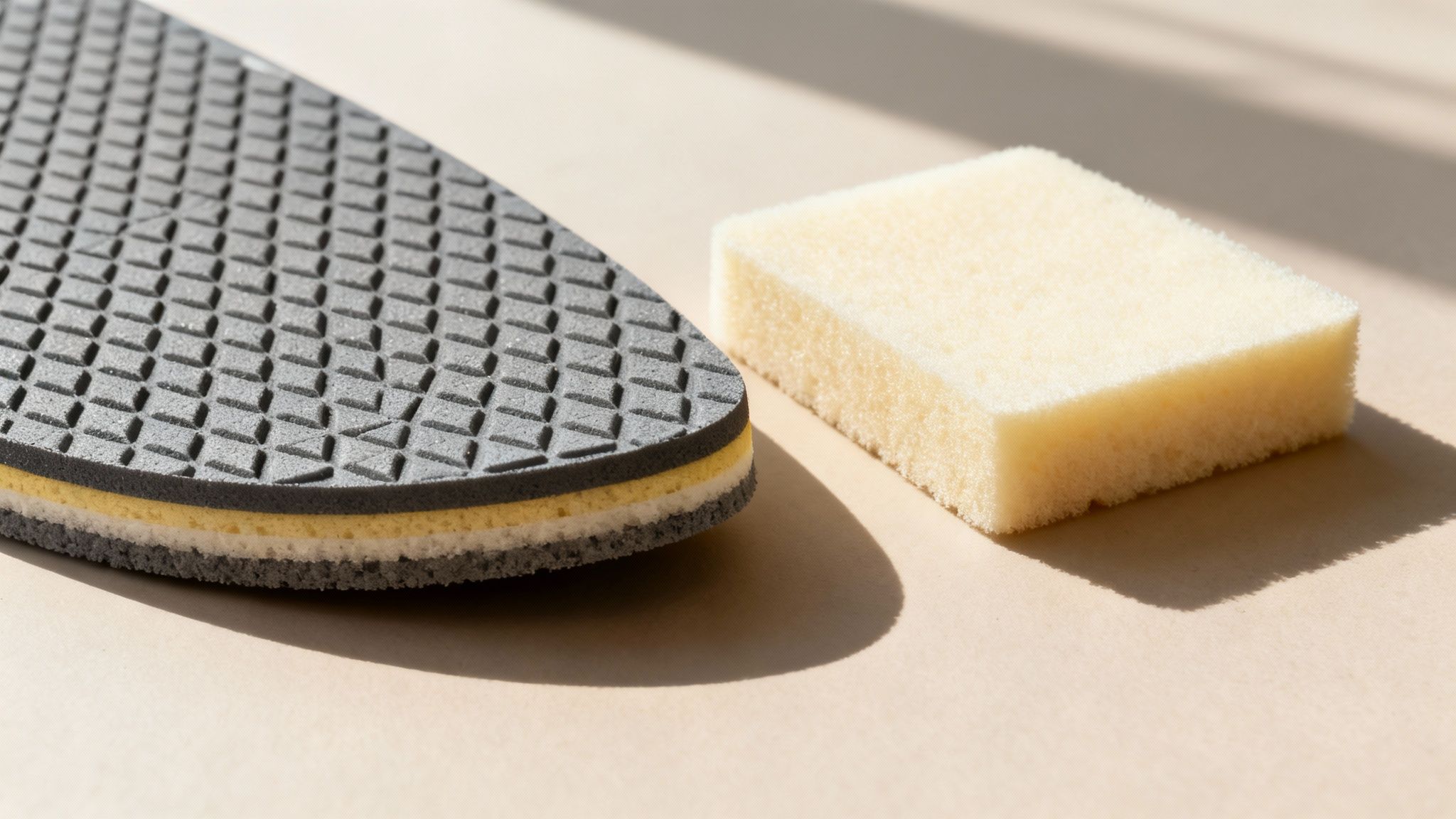 A grey textured layered foam piece and a light yellow foam sponge on a beige surface.