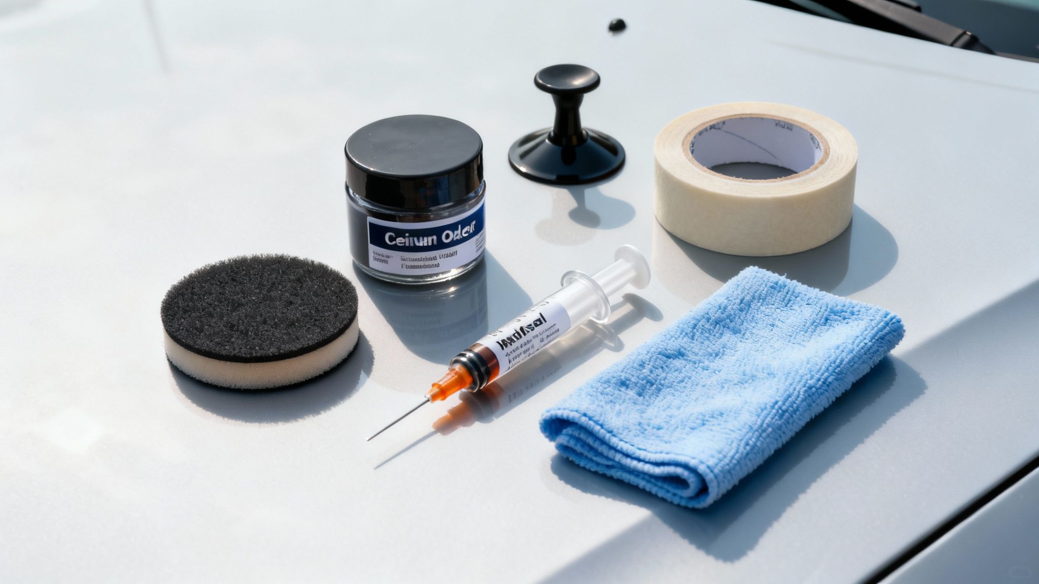 A person holding a windscreen scratch repair kit, showing the various components like polish, pads, and cloths.