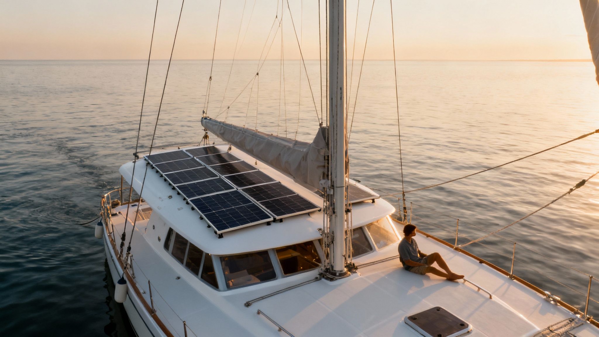 A modern yacht with solar panels installed on its roof sailing on the ocean