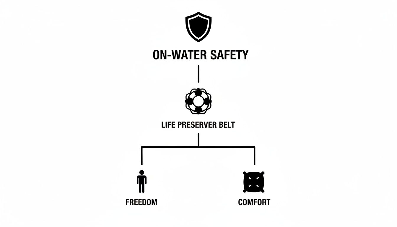 Infographic illustrates on-water safety, highlighting life preserver belts for freedom and comfort.