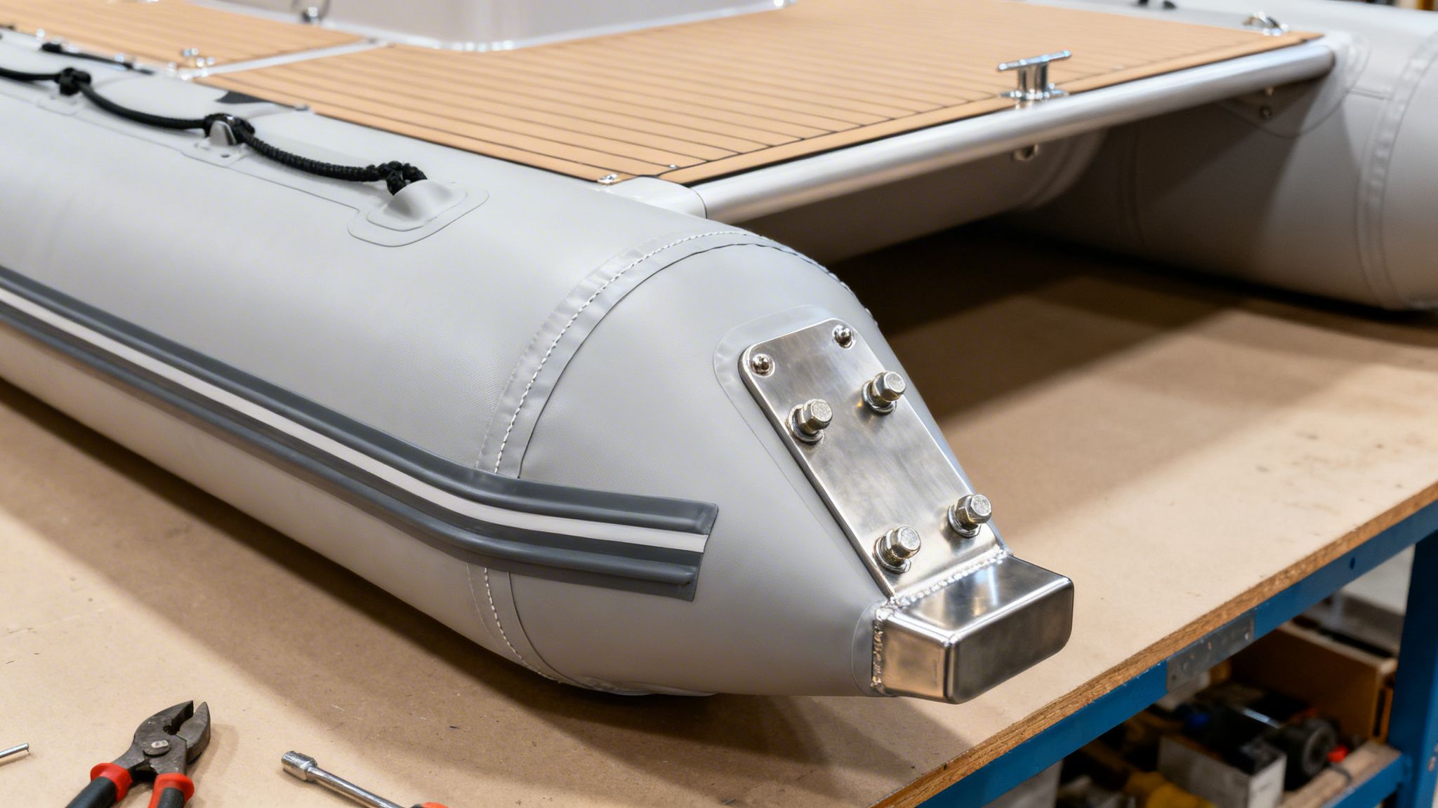 Close-up of a grey inflatable catamaran hull with wooden deck and metal fittings in a workshop.