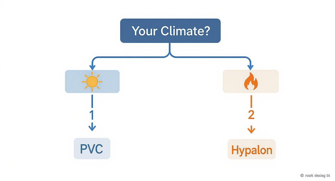 A decision tree infographic showing that in a mild climate, PVC is recommended, while in a harsh climate, Hypalon is the better choice for a Zodiac inflatable boat.