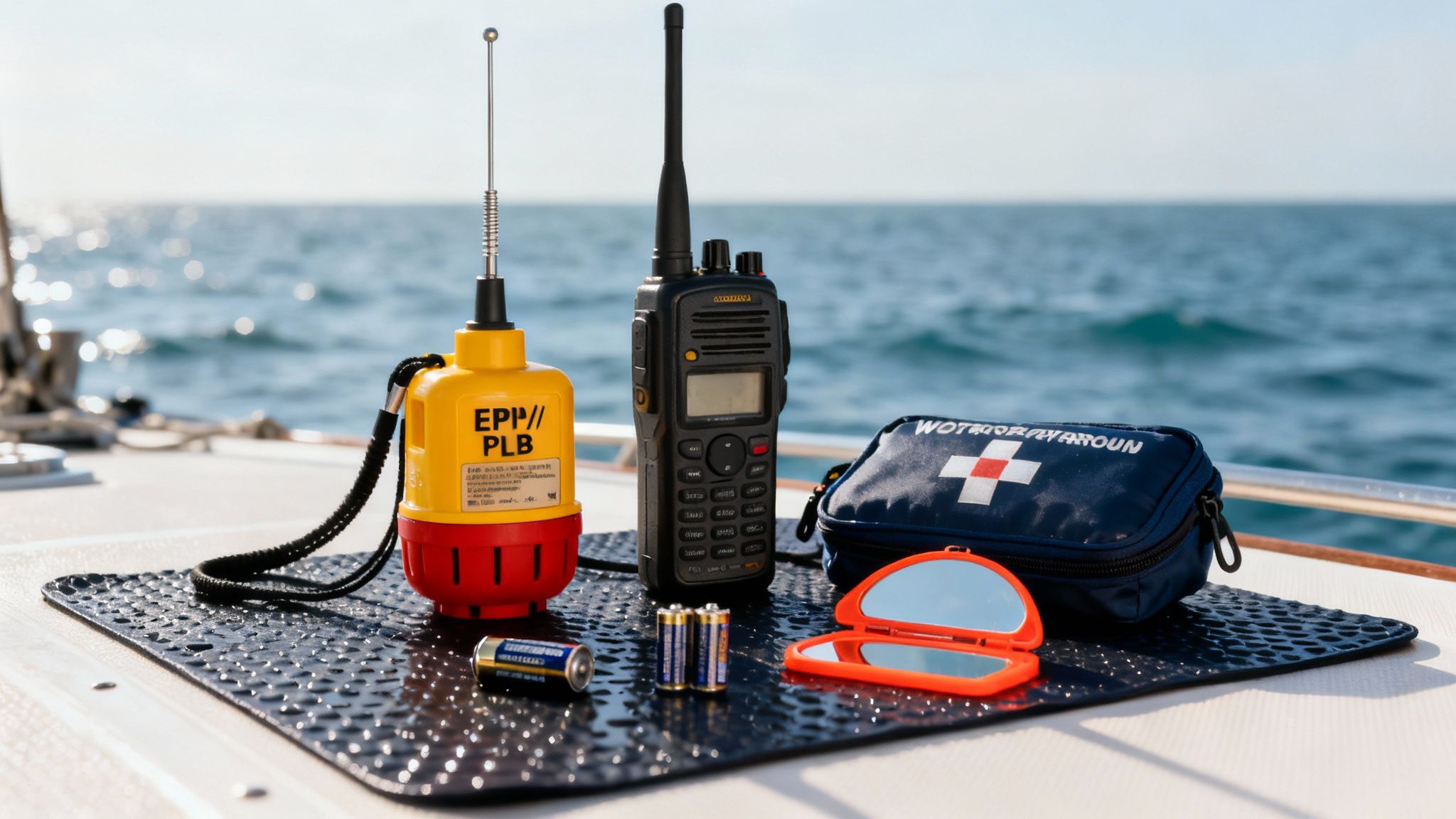 Boating safety equipment on a boat deck, including a PLB, handheld radio, first-aid kit, and mirror.