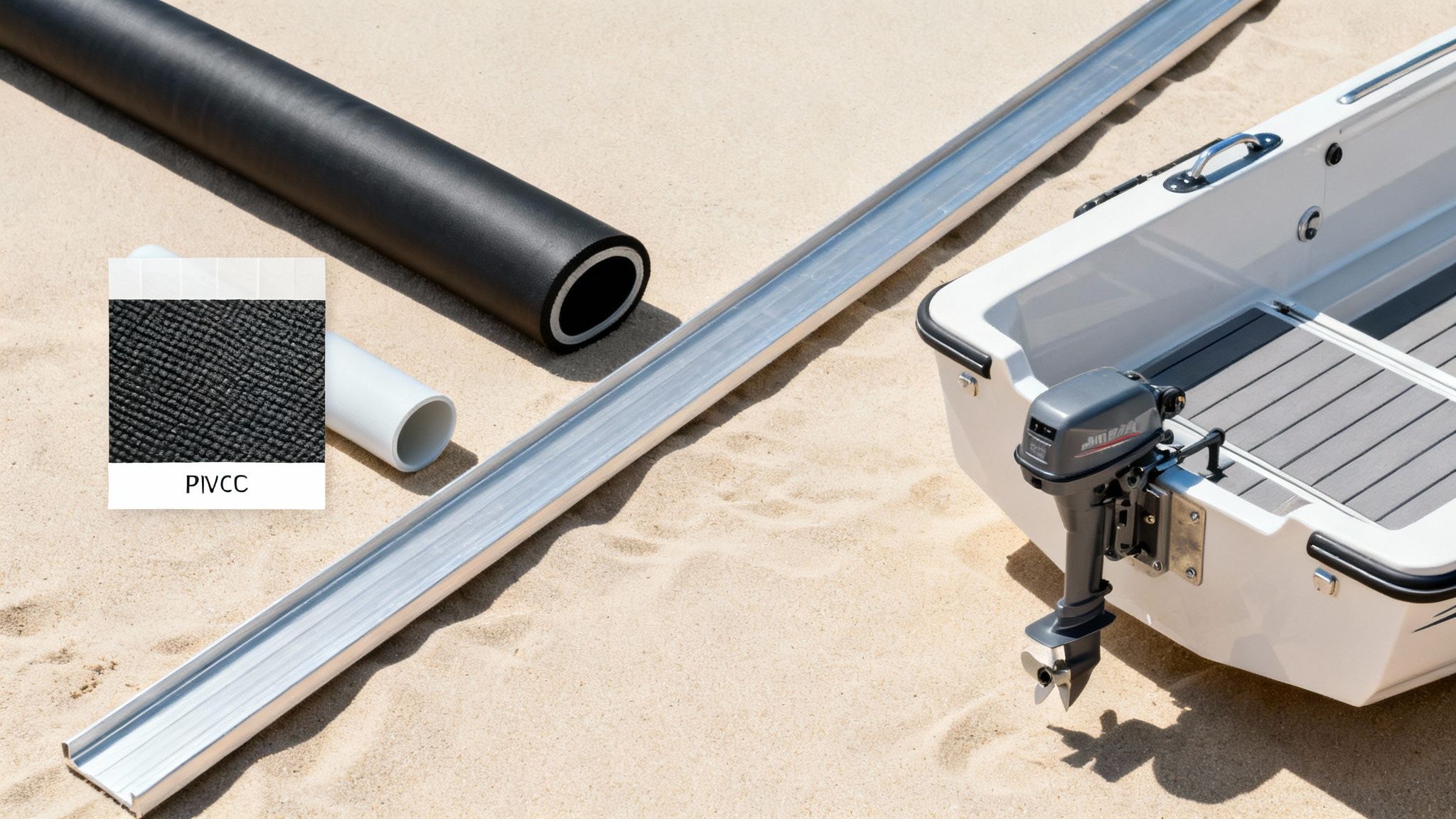 Person inspecting an inflatable boat on a trailer