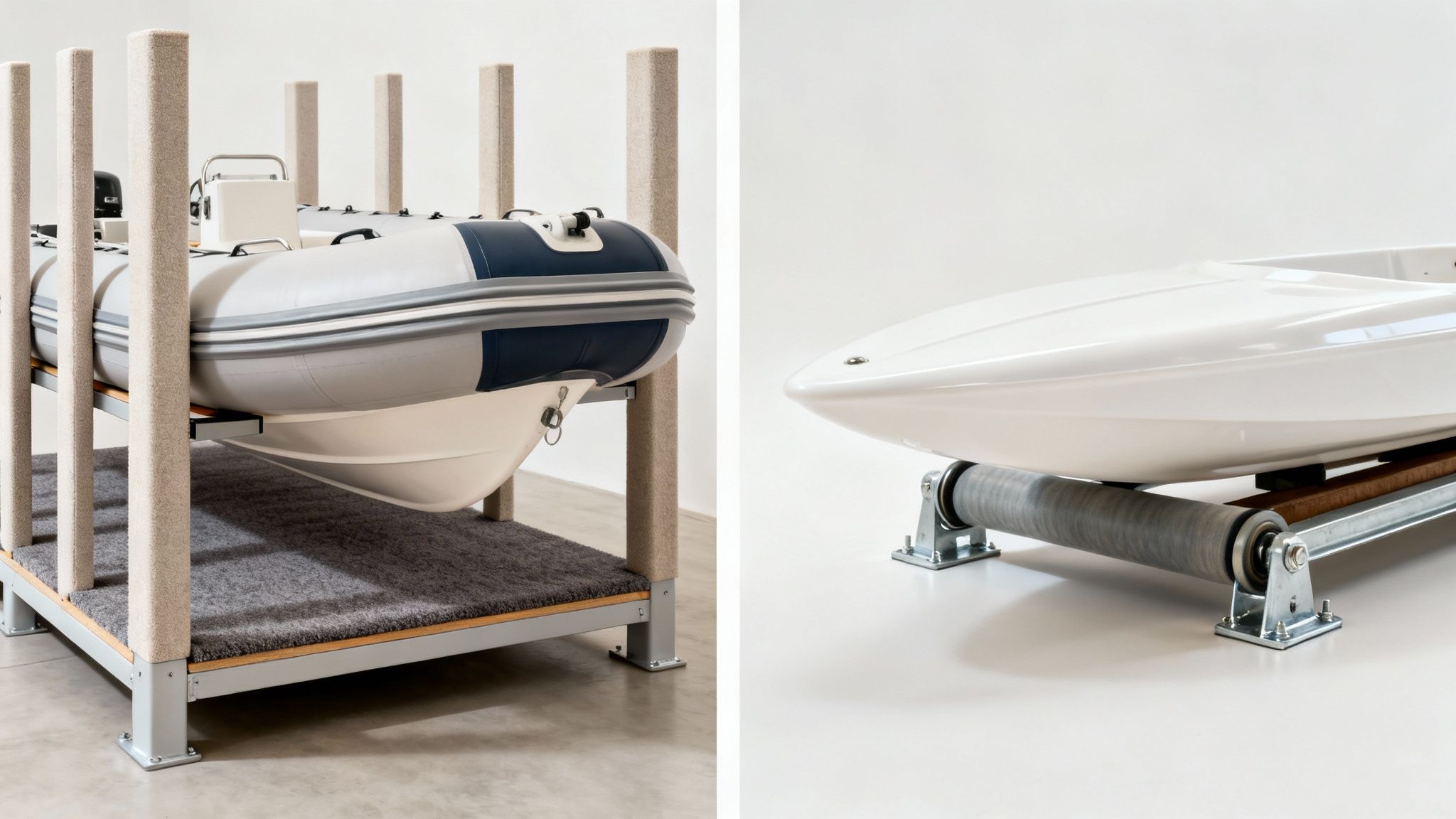 Two boats on display in a white studio, one on a carpeted storage stand and another on trailer rollers.