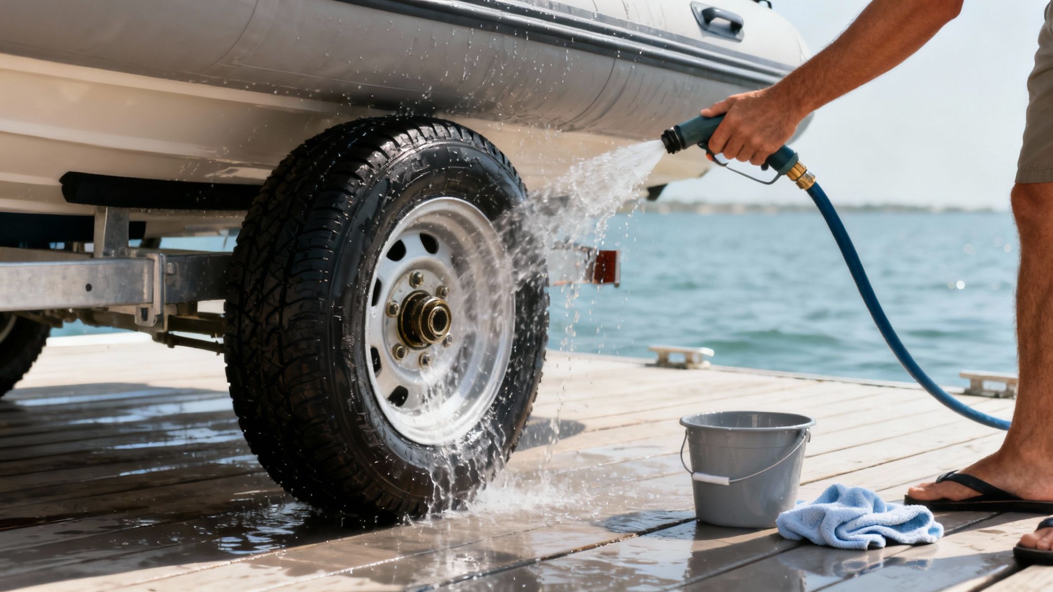 A person uses a hose to wash the wheel and side of a boat trailer on a wooden dock by the water.