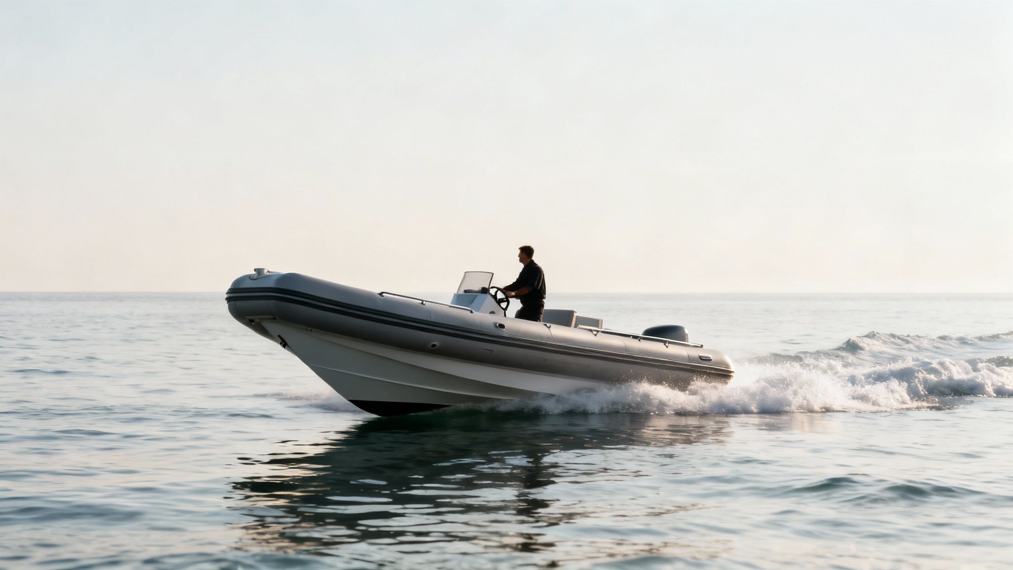 Man driving a grey Rigid Hull Inflatable Boat (RIB) quickly on calm water, leaving a white wake behind.