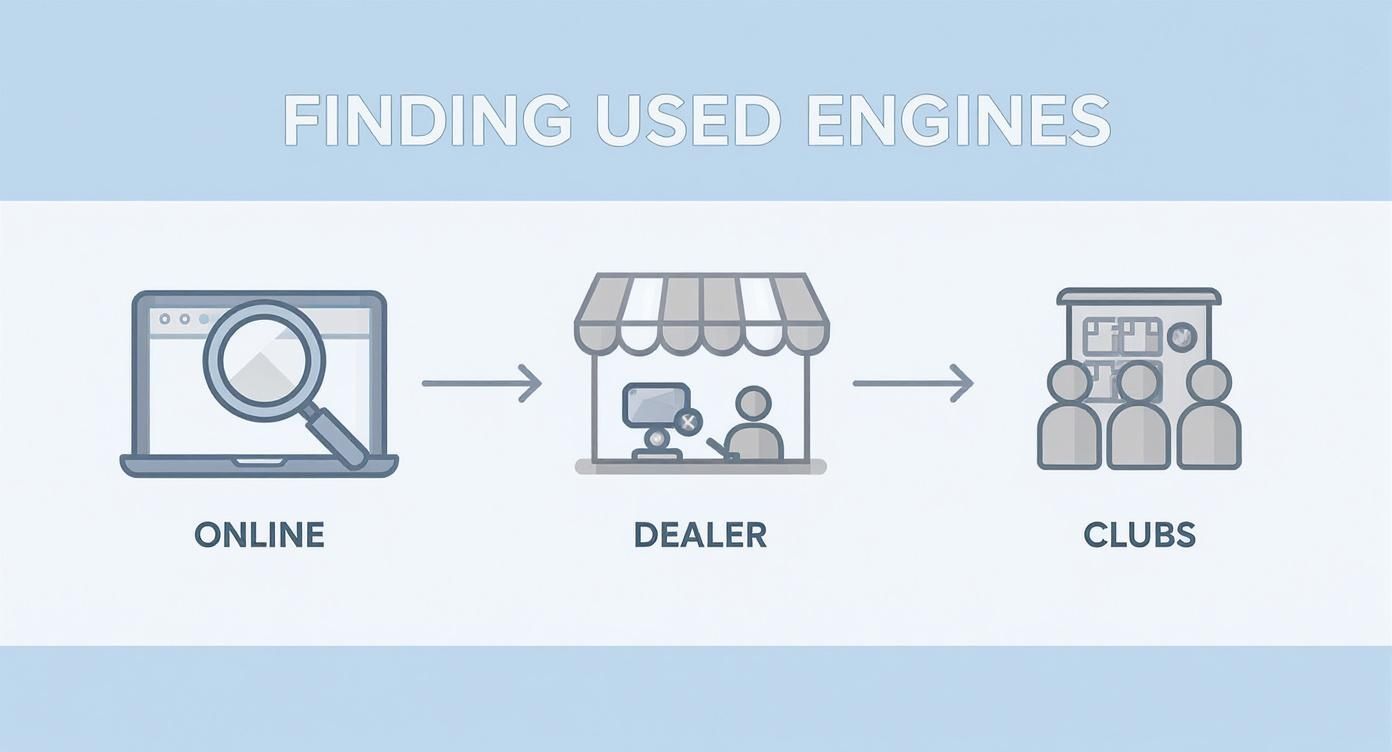 Infographic showing the process flow for finding second hand outboard engines, starting with Online, then Dealer, and finally Clubs.