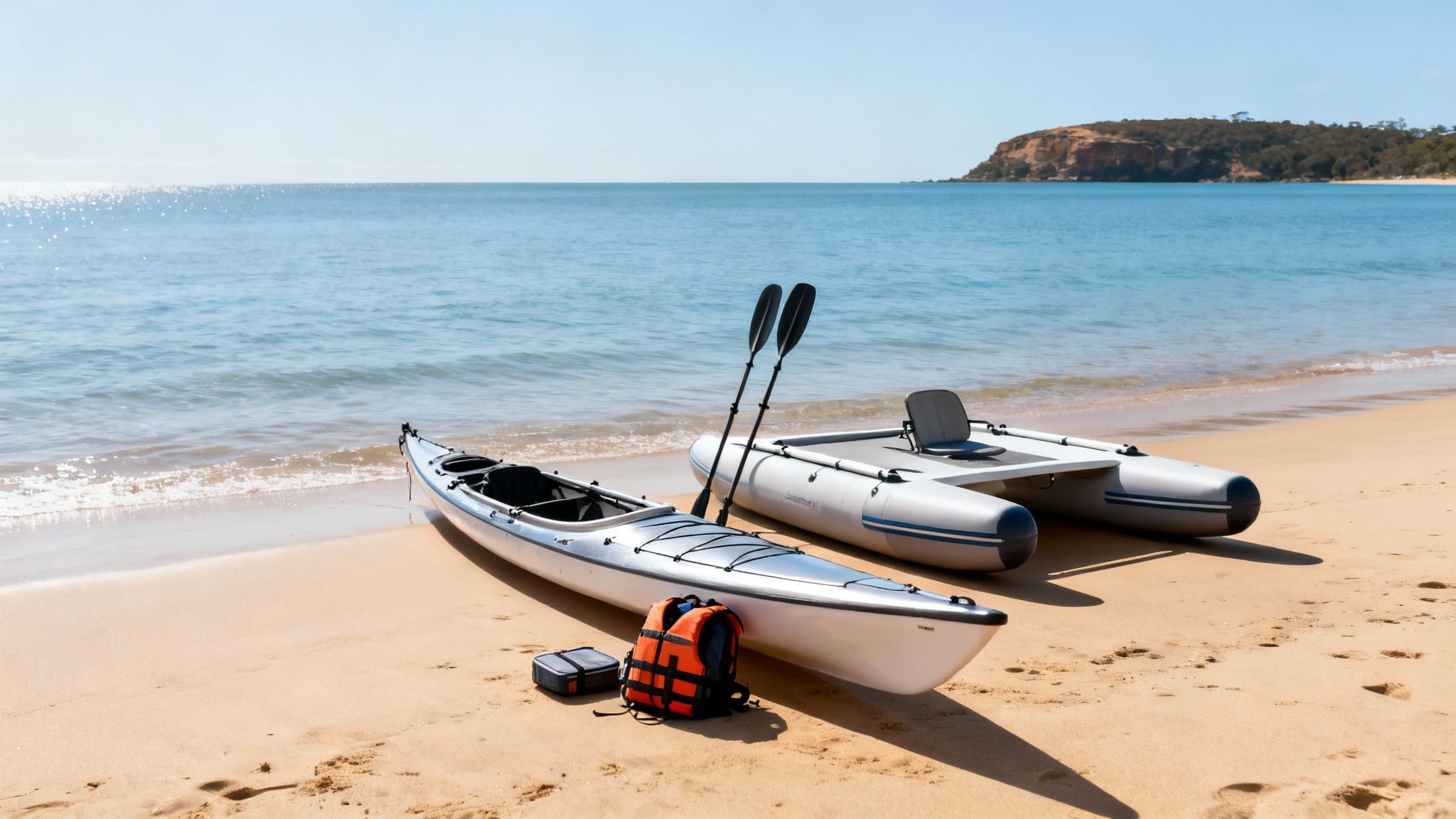 Two watercraft, a kayak and an inflatable catamaran, on a sunny sandy beach by the ocean.