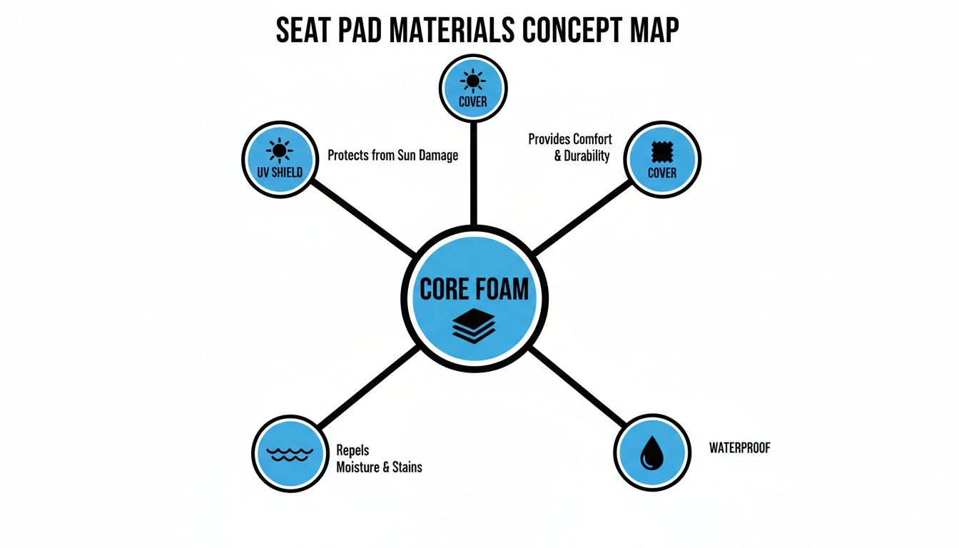 Concept map illustrating seat pad materials, focusing on core foam and cover features like UV shield, comfort, durability, moisture repellent, and waterproof.