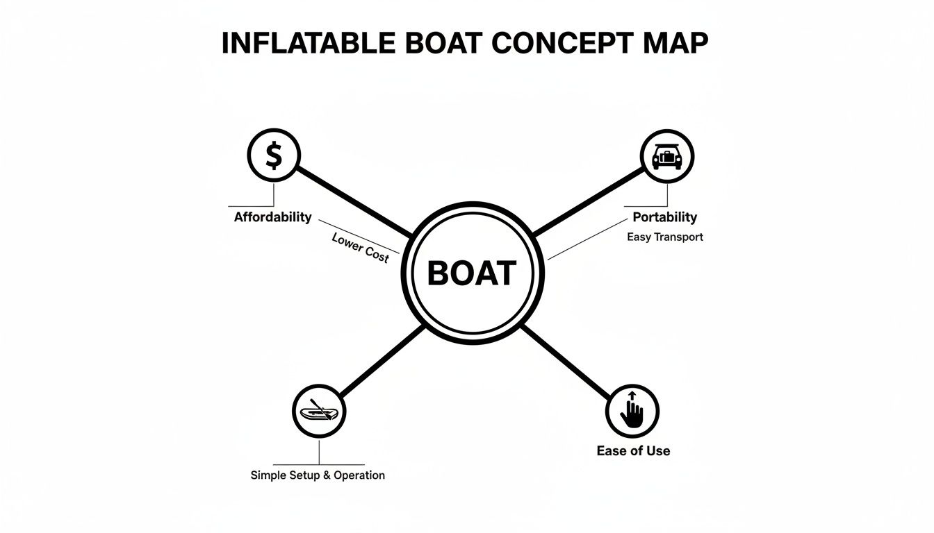 A concept map illustrating the key benefits of an inflatable boat, focusing on affordability, portability, and ease of use.