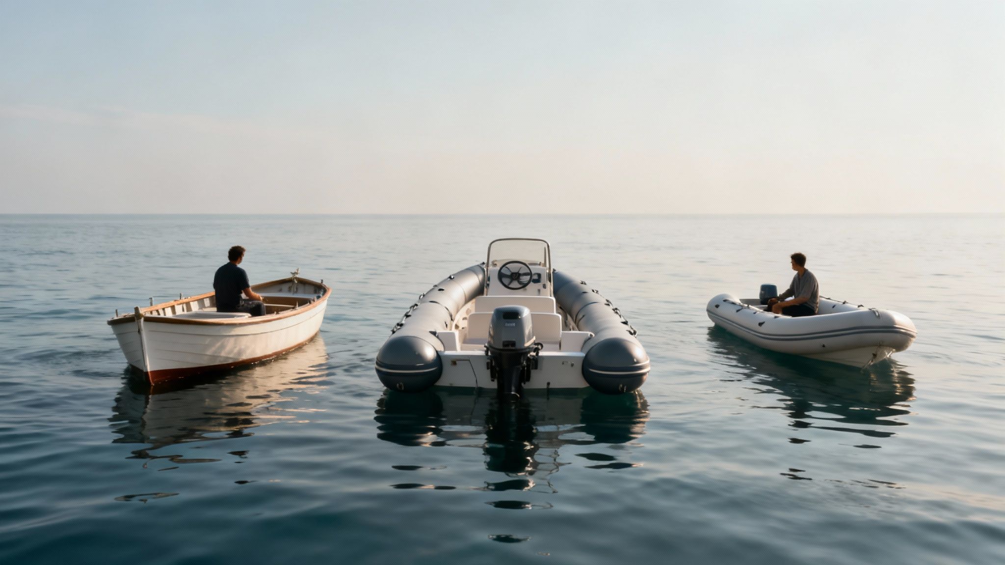Three distinct boats, including a RIB, on calm ocean water under a serene sky, two with men.