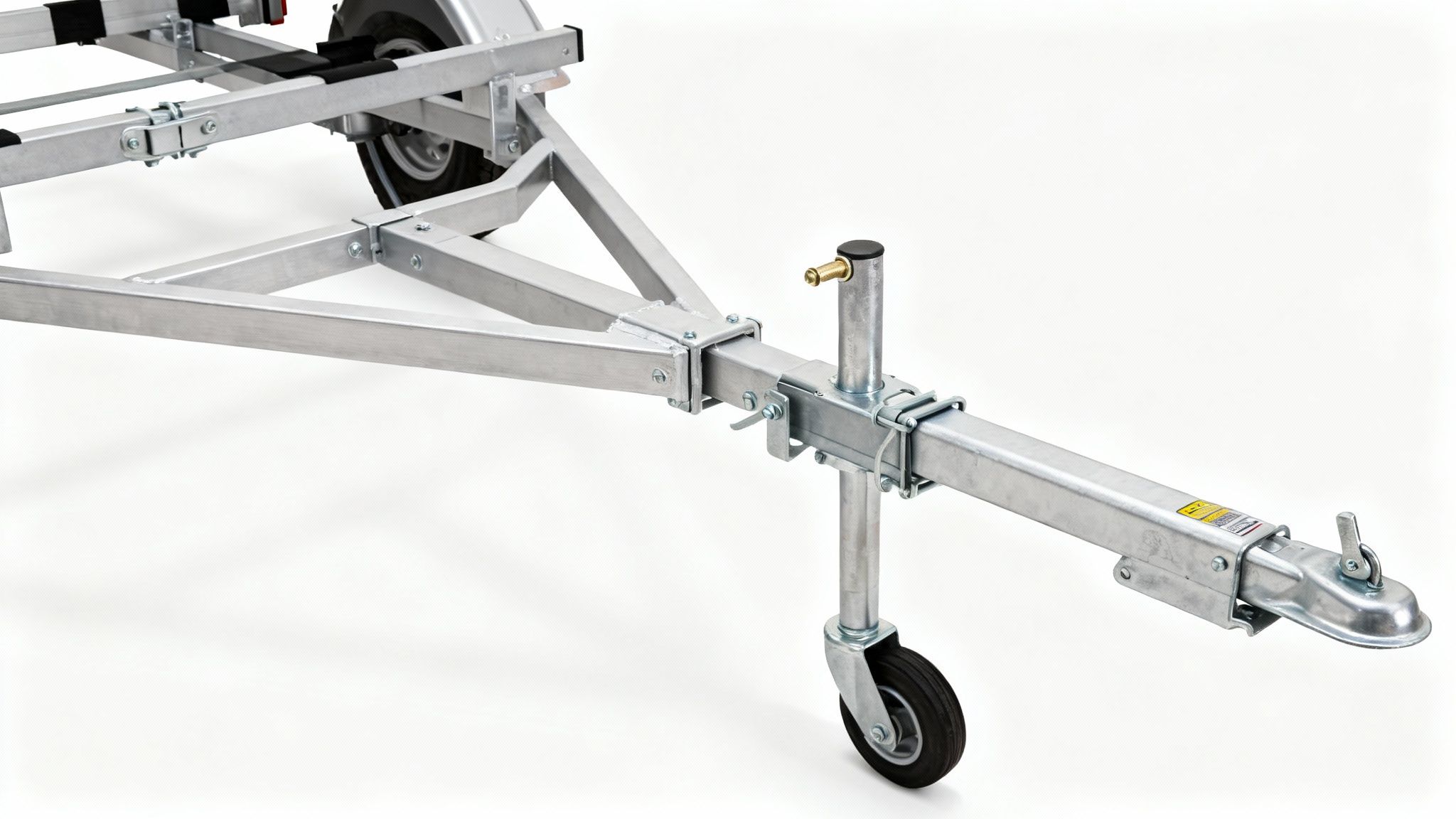 Galvanized boat trailer front showing hitch coupler, safety chains, and swivel jack wheel.