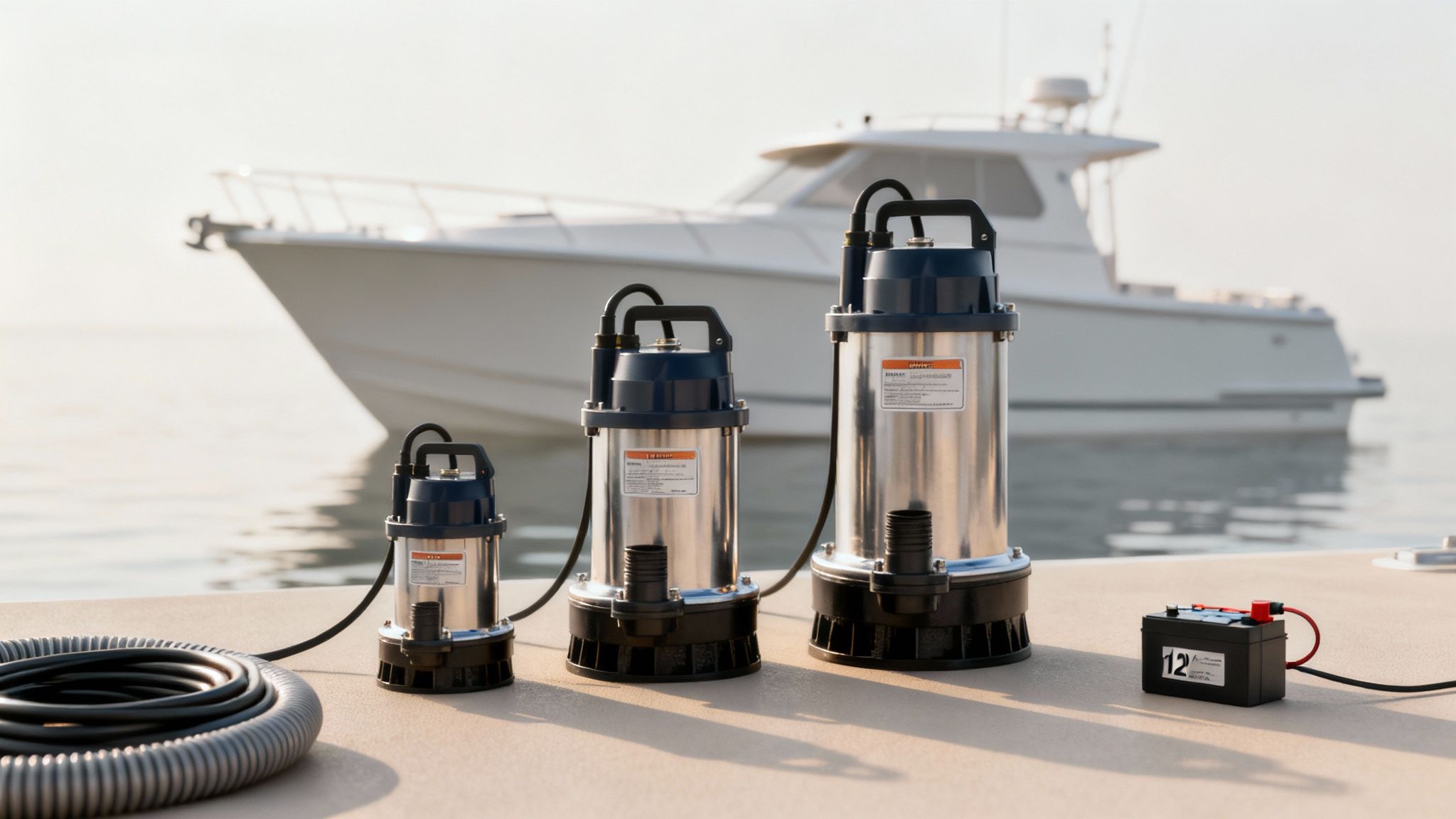 An automatic bilge pump installed inside the hull of a boat