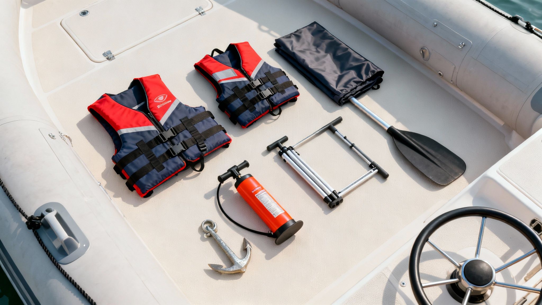 Safety gear and equipment, including life vests, pump, anchor, and paddle, neatly laid on a boat deck.