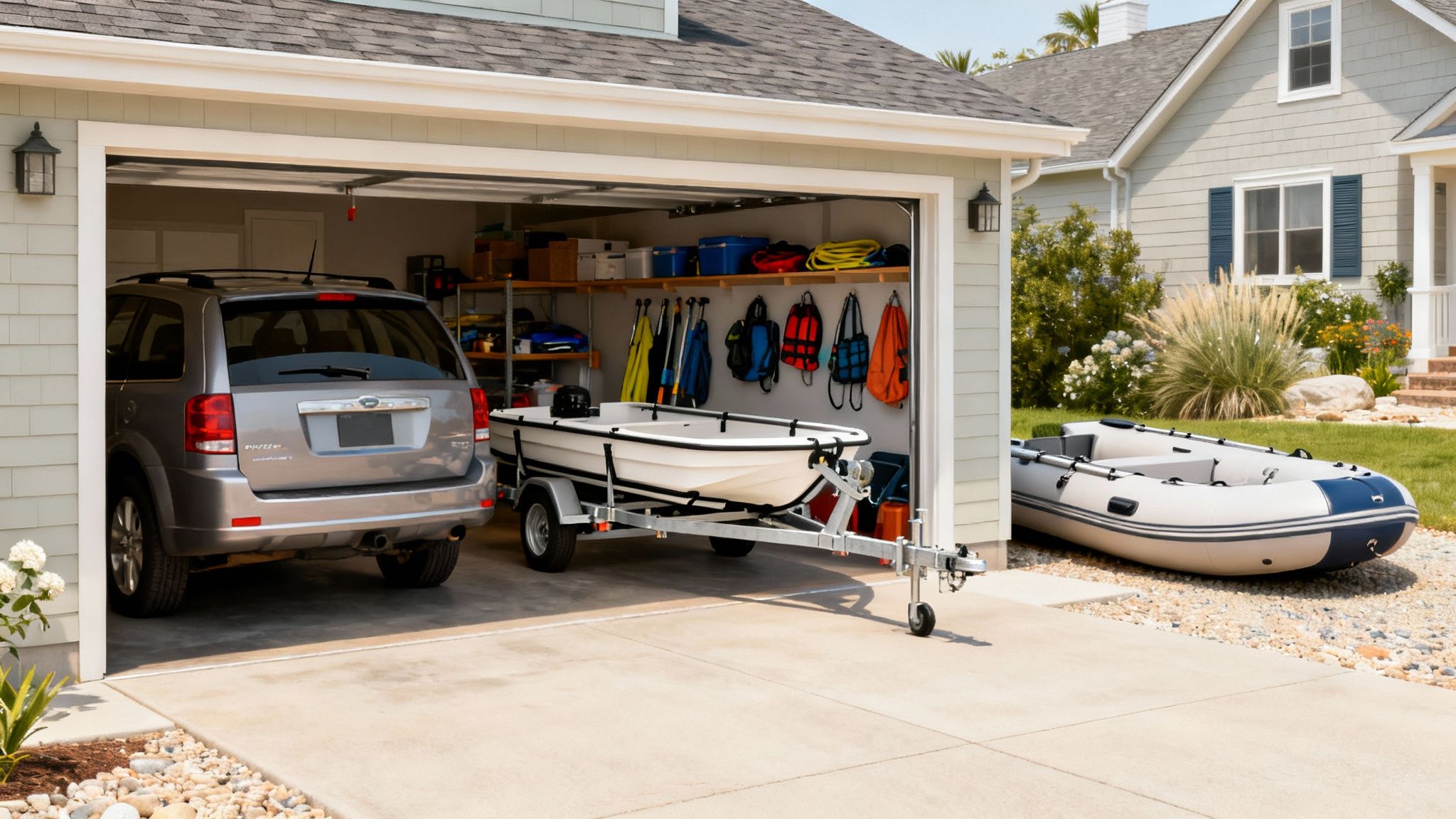 A well-organized garage showcasing an SUV, a boat on a trailer, and an inflatable boat outside.