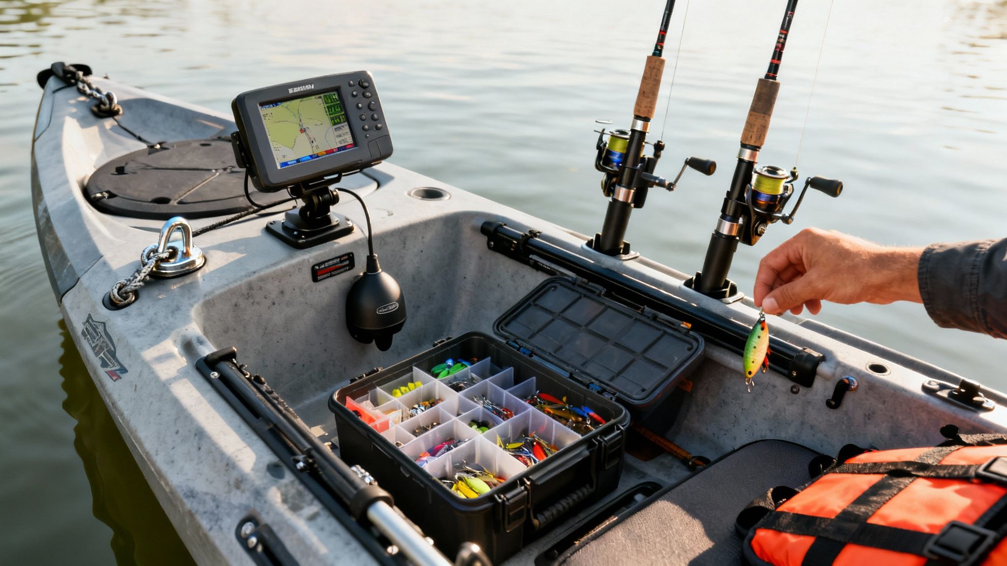 A person holds a fishing lure on a kayak equipped with fishing rods, a fish finder, and tackle box, ready for fishing.