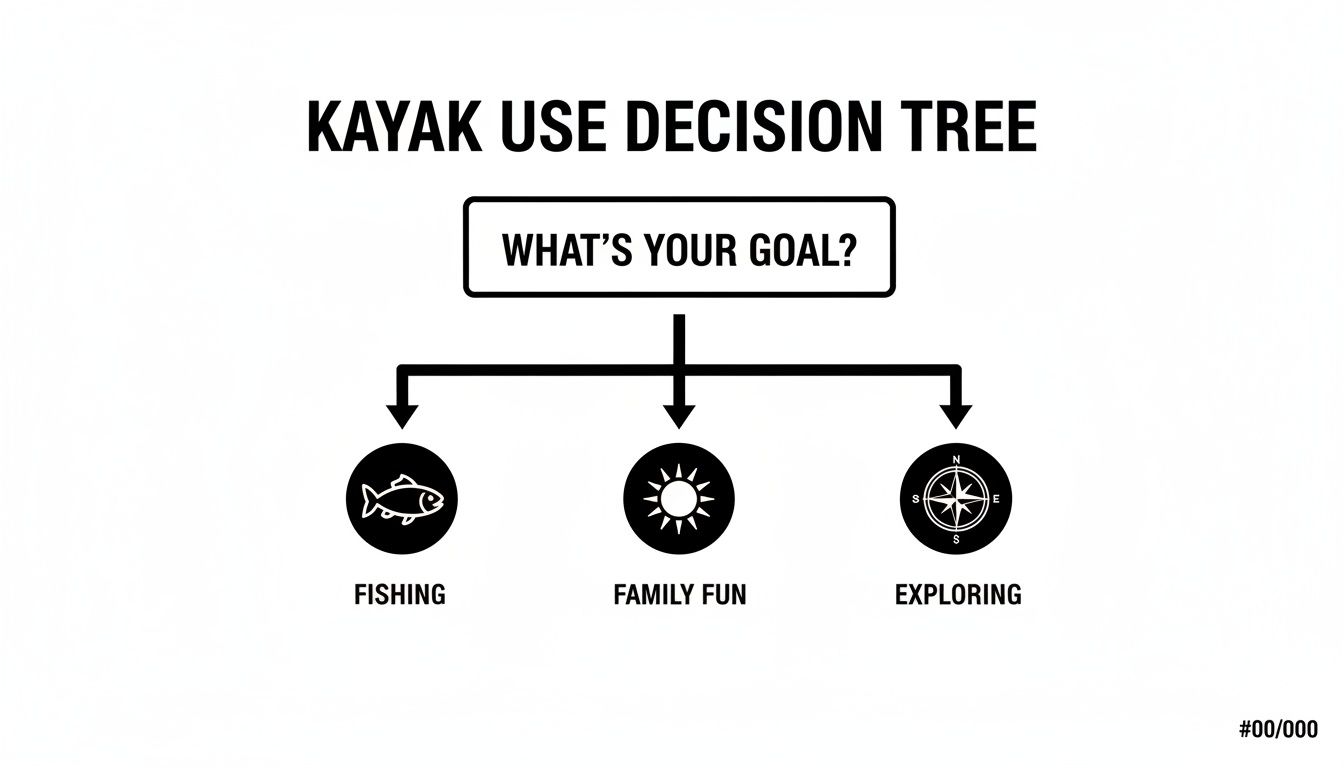 A decision tree illustrating various goals for kayak use, including fishing, family fun, and exploring.