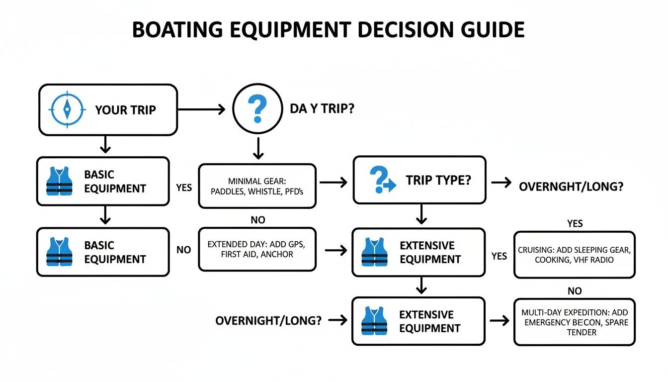 Flowchart illustrating boating equipment decisions based on trip type and duration, from basic to extensive gear.