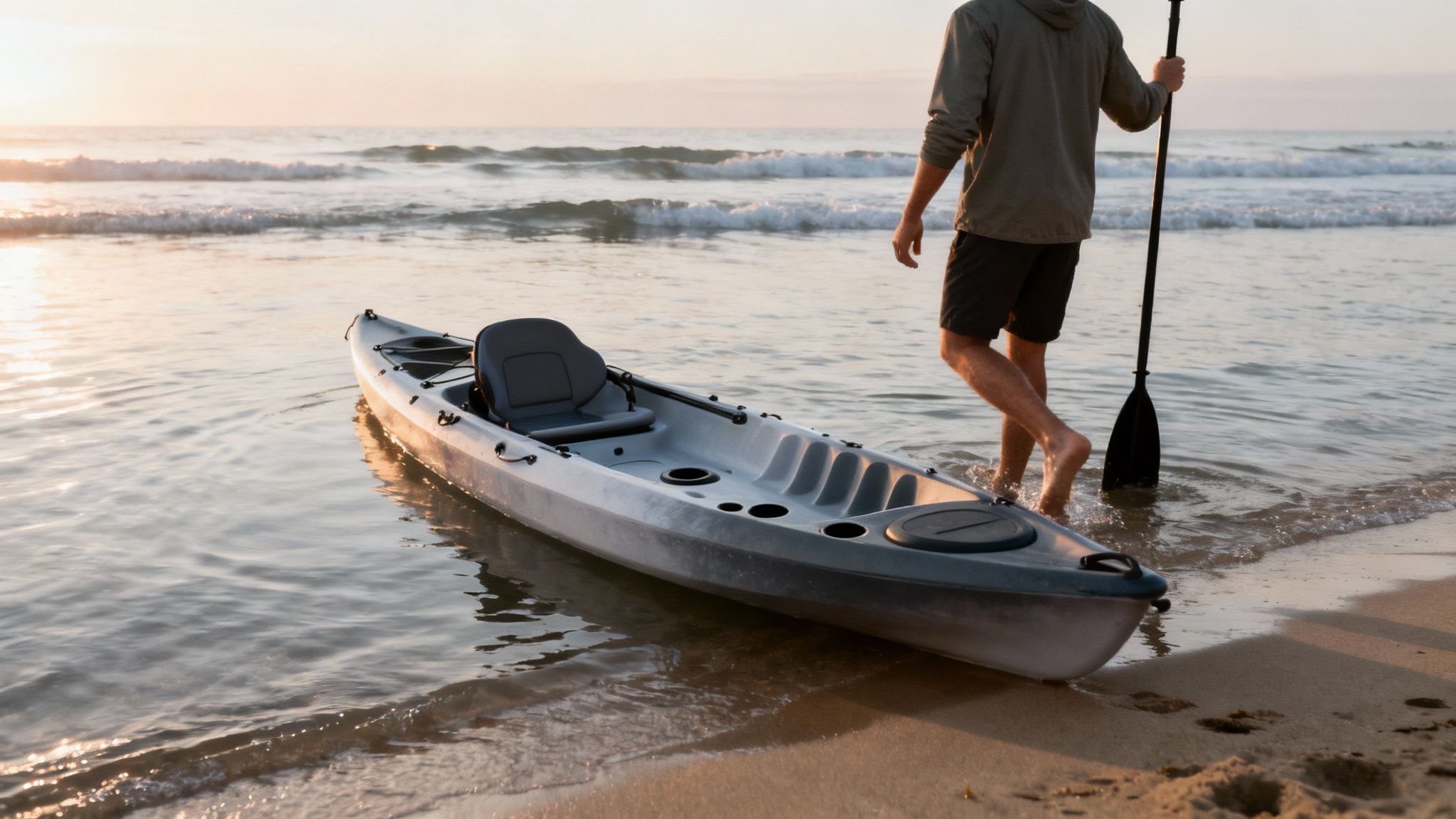 A person walks barefoot in shallow ocean water next to a sit-on-top kayak, holding a paddle.