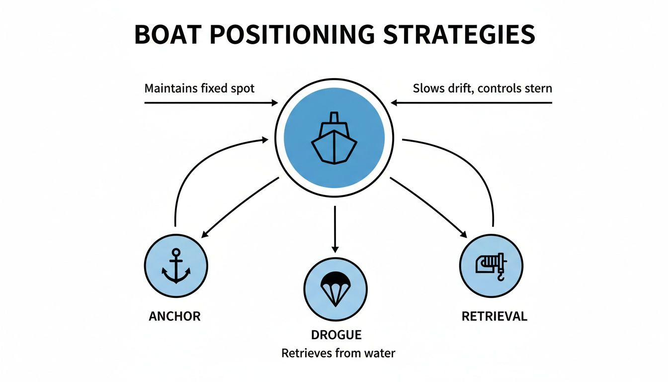 Diagram illustrating boat positioning strategies: anchor, drogue, and retrieval methods.