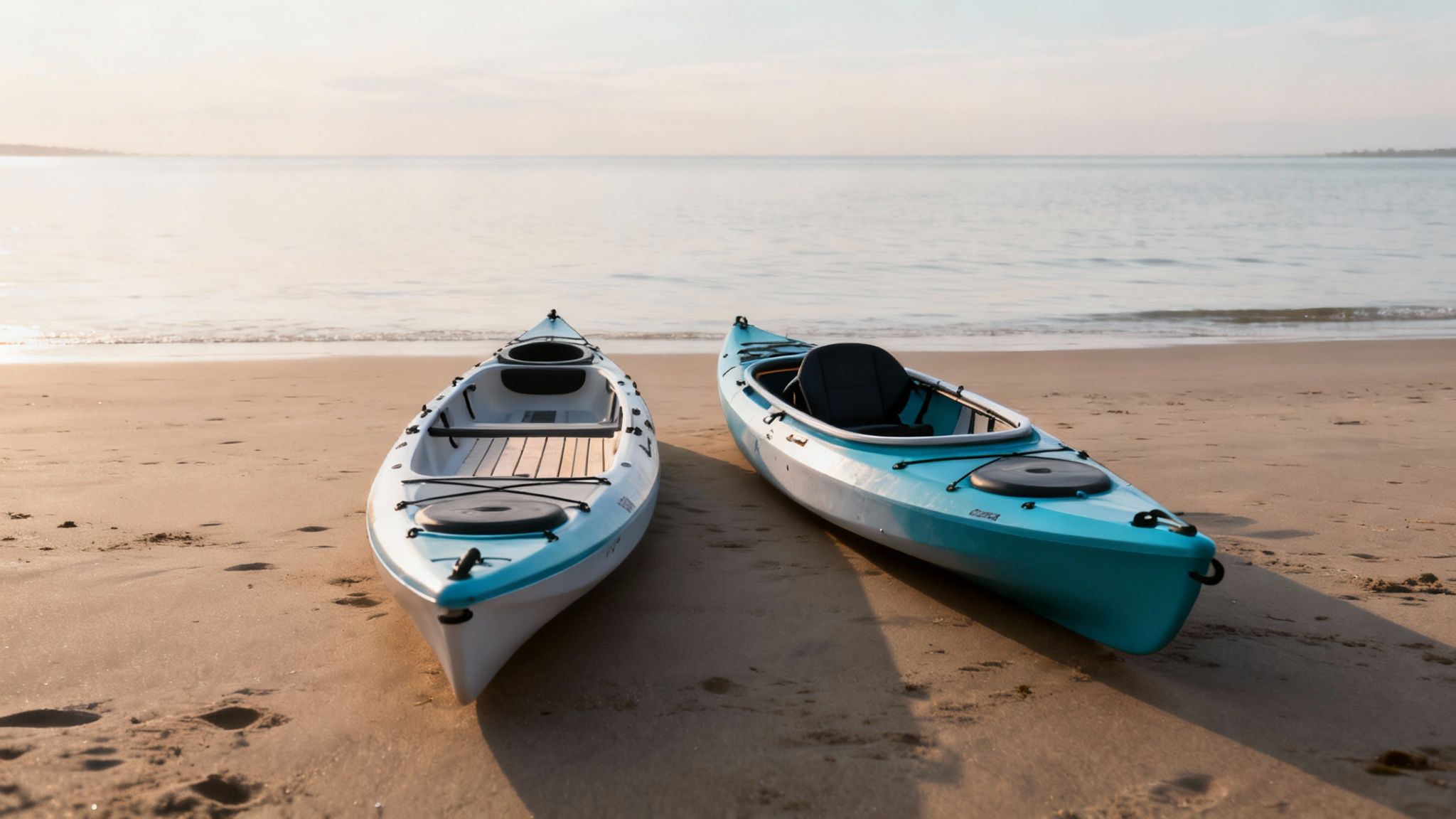Two sit-on-top kayaks, one white and one teal, resting on a sandy beach by the calm ocean at sunrise.