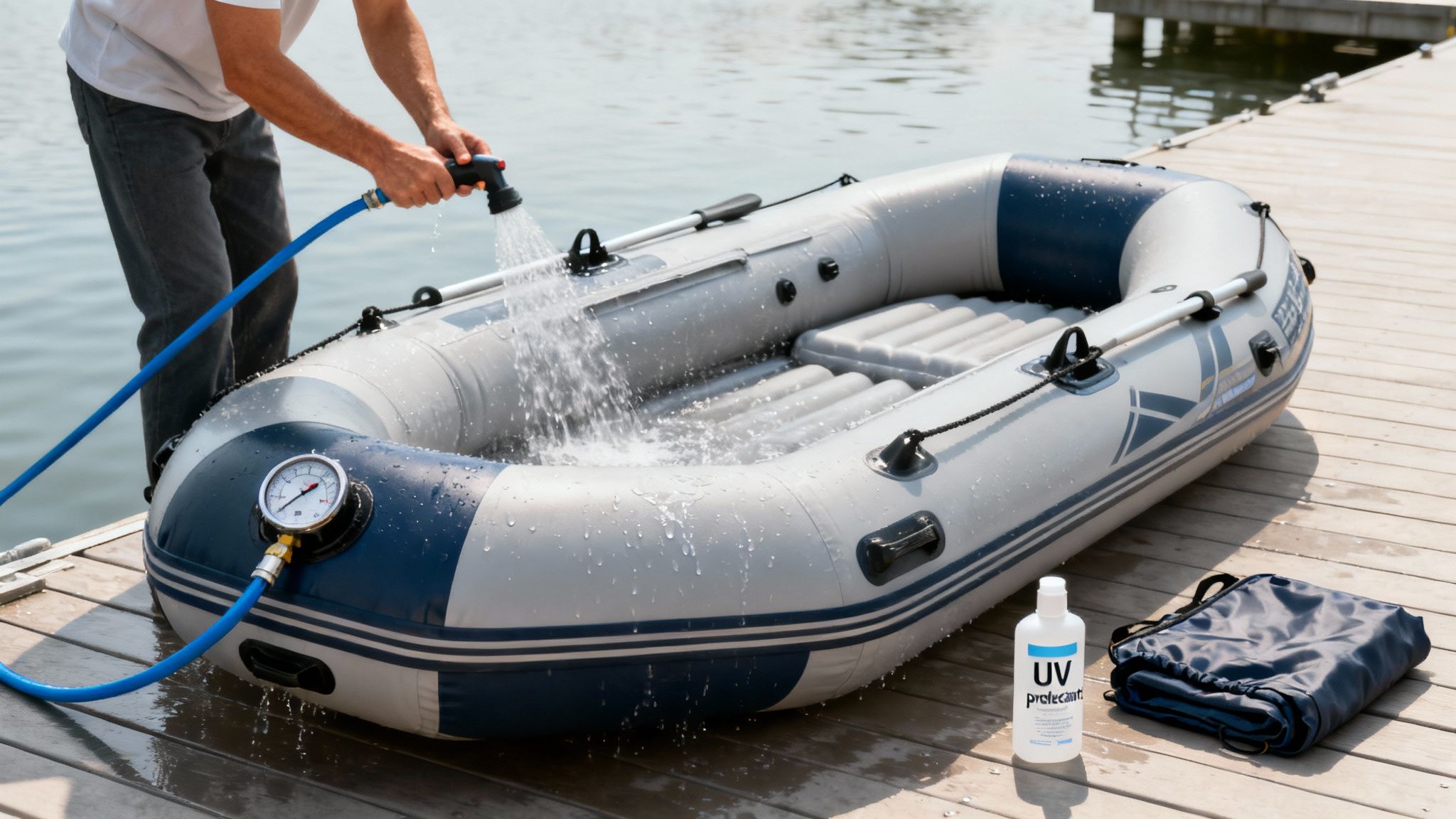 A person rinsing a grey inflatable boat with a hose, with green grass in the background.