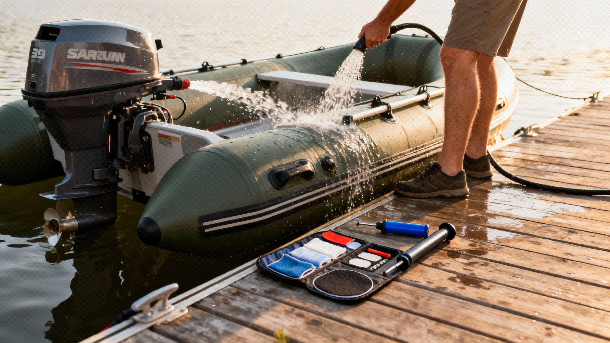 A person washes an inflatable boat with an outboard motor docked on a wooden pier.