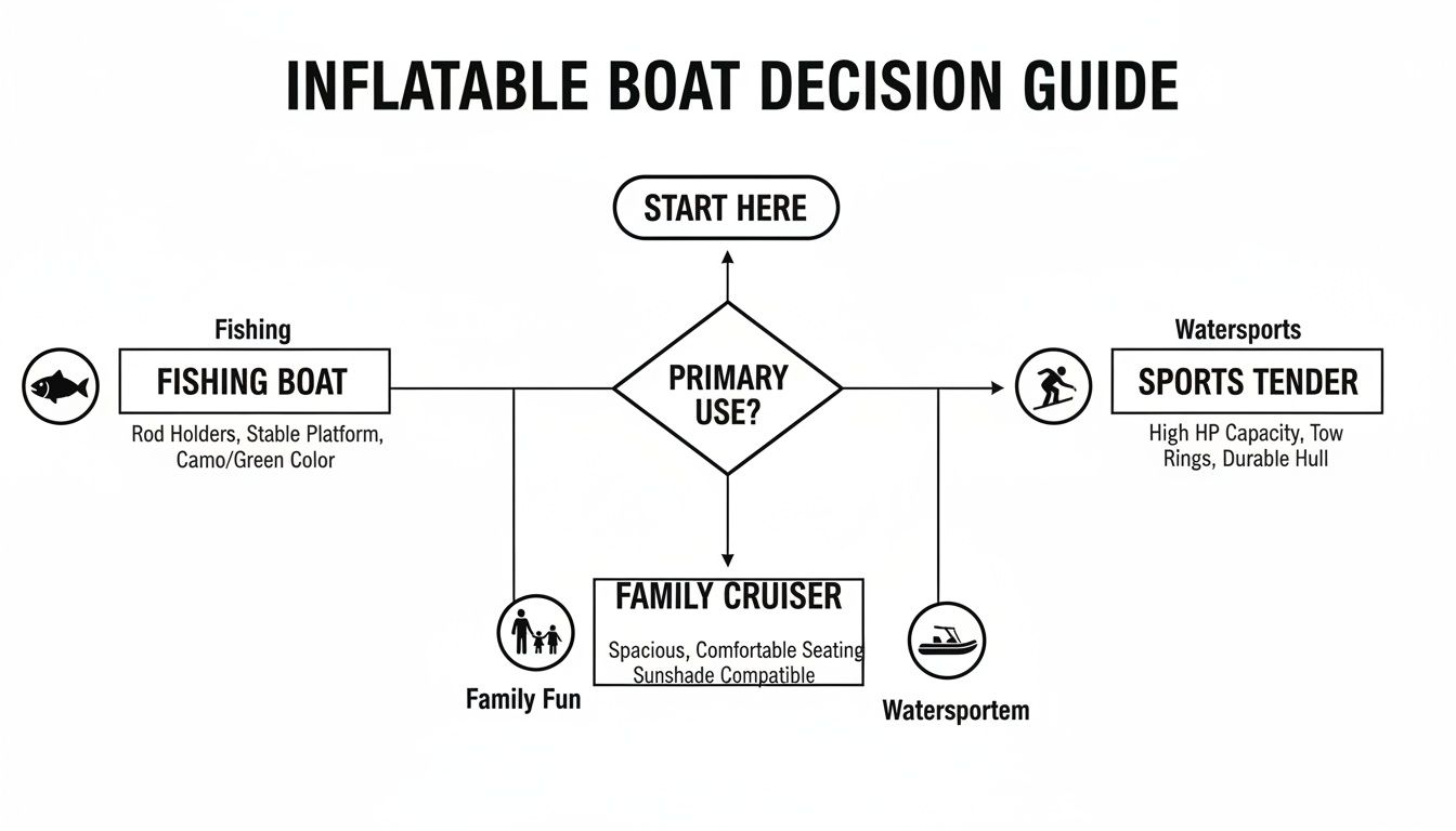 Flowchart guiding inflatable boat selection based on primary use: fishing, family fun, or watersports.