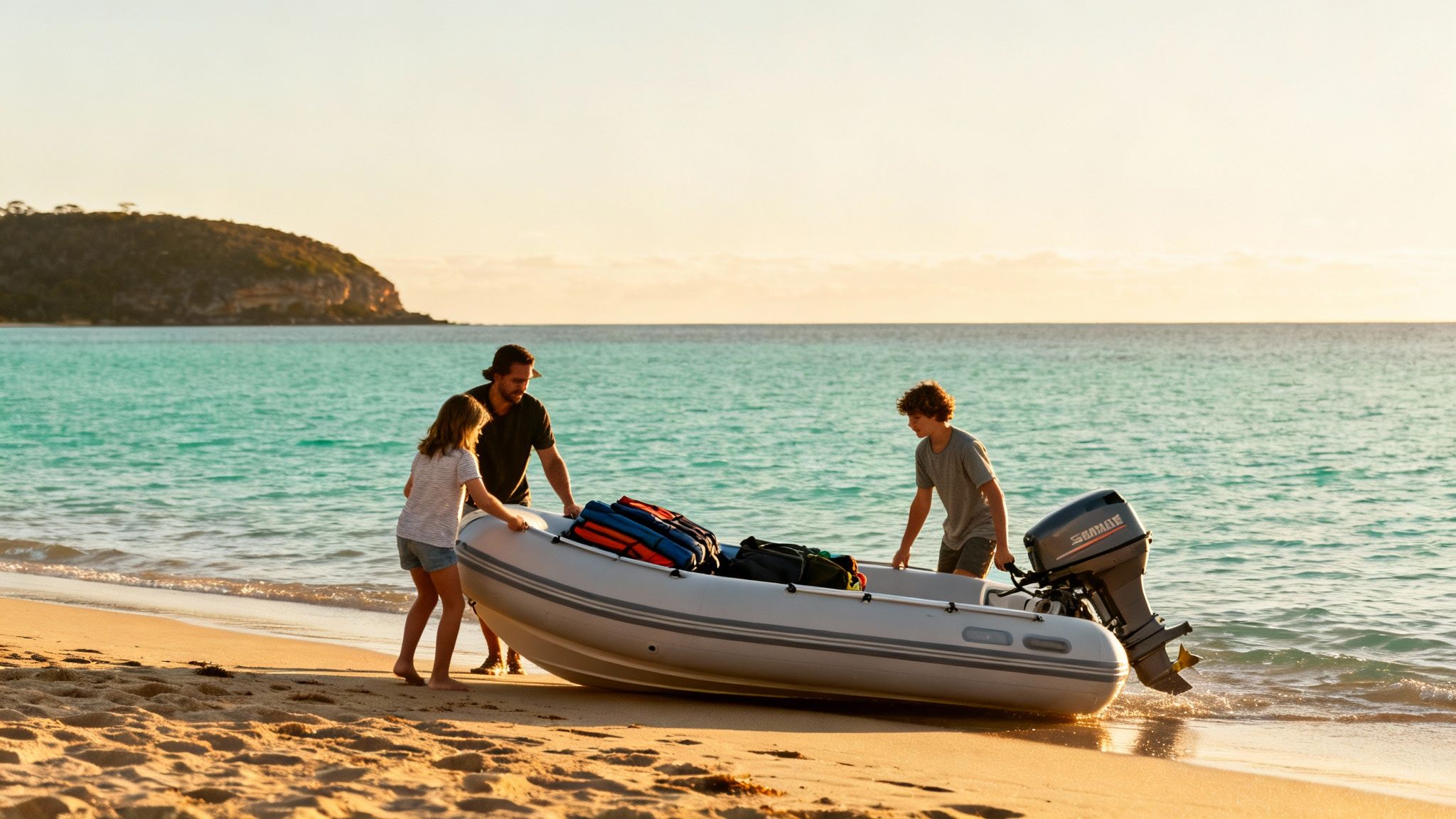 A family on a sandy beach launching an inflatable boat with a motor into turquoise water.