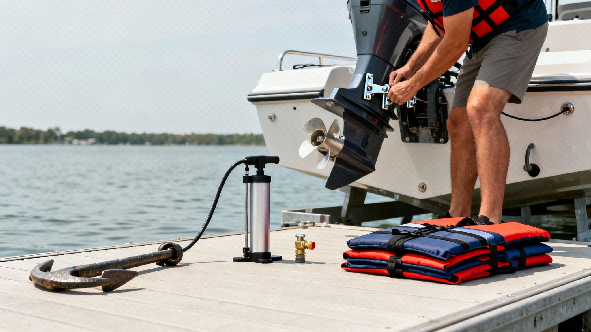 Man in a life vest preparing a boat engine on a dock, with life jackets and an anchor.
