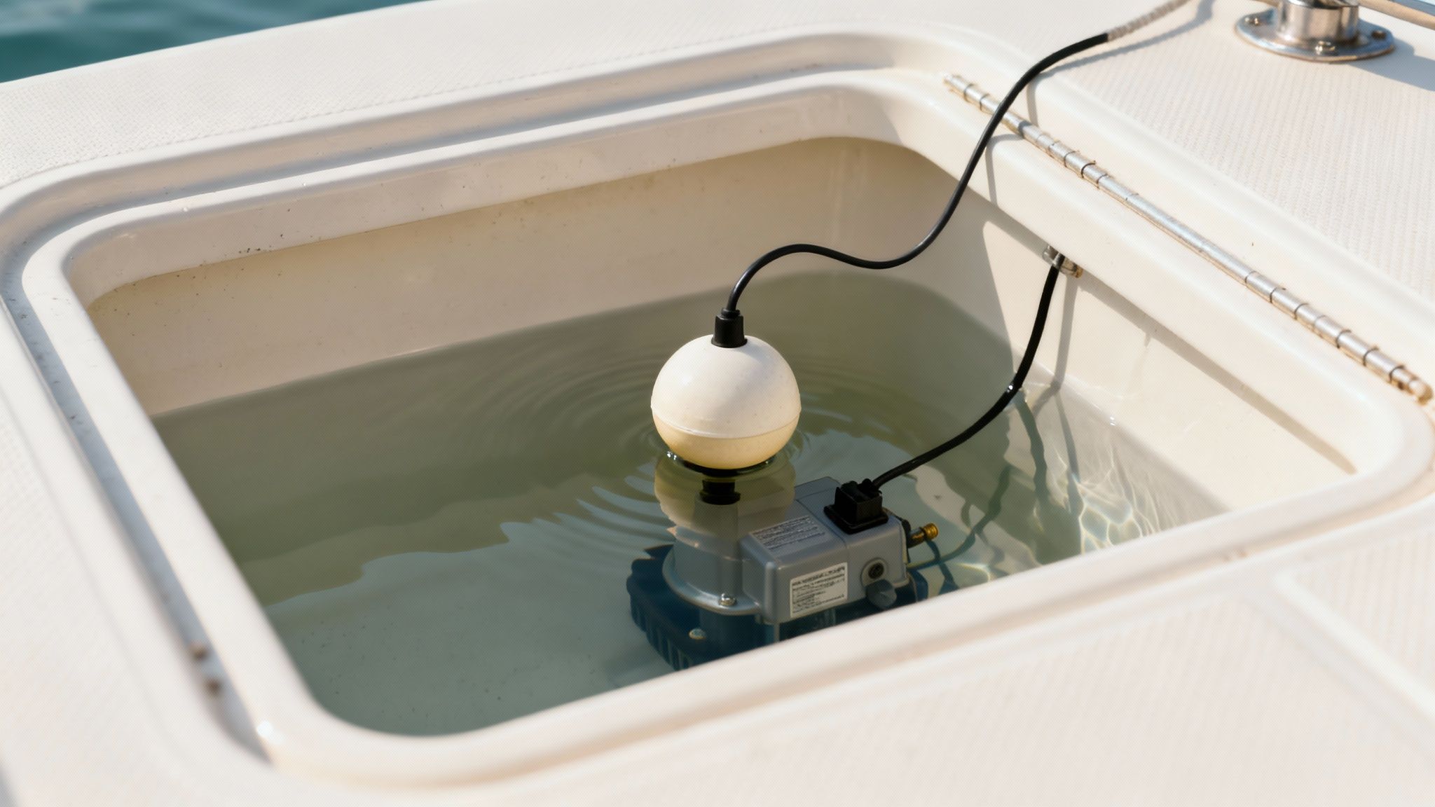 A bilge pump float switch installed in the bilge of a boat, showing its position near the water line.