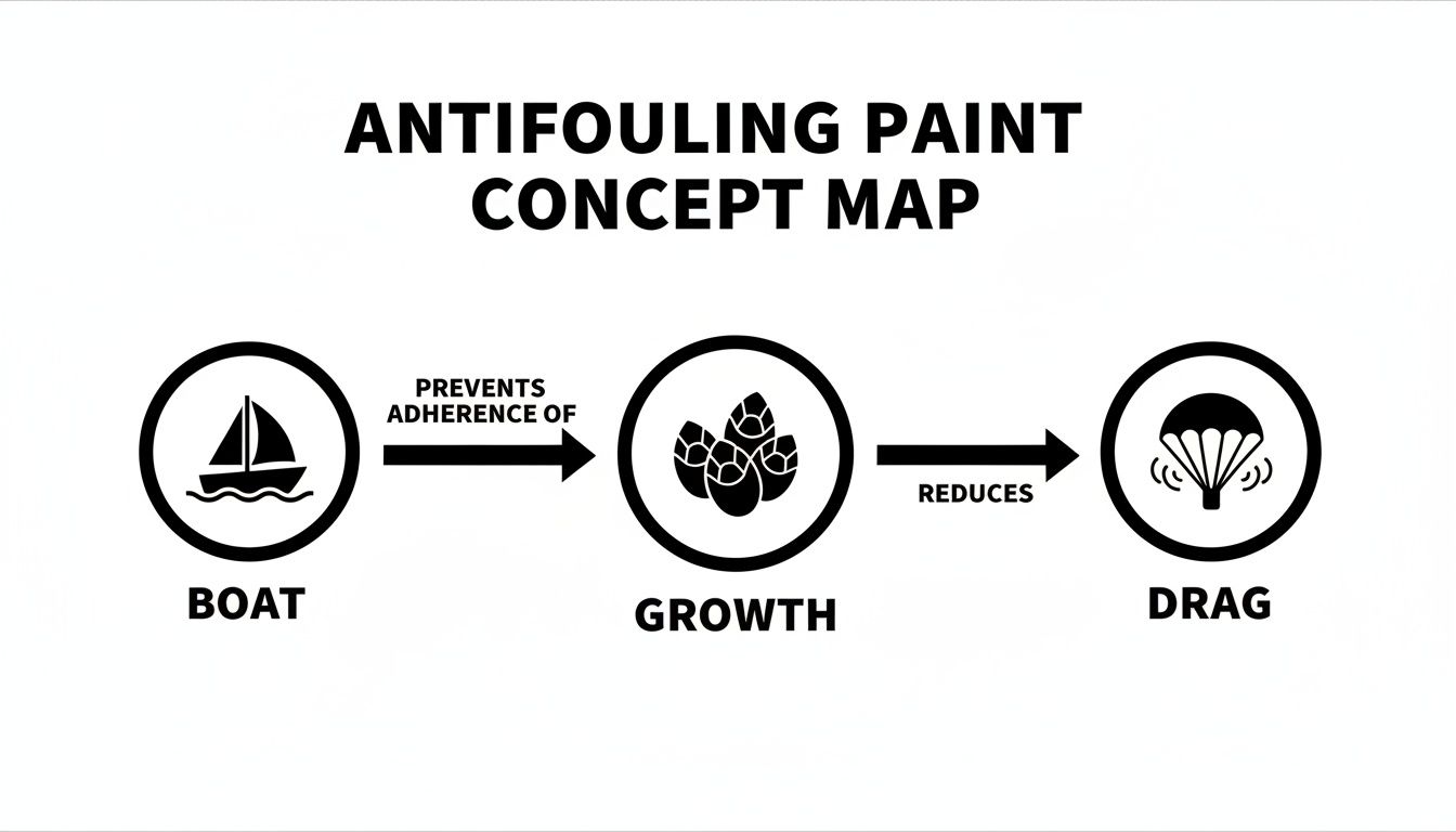 A concept map showing how antifouling paint on a boat prevents marine growth, thereby reducing drag.
