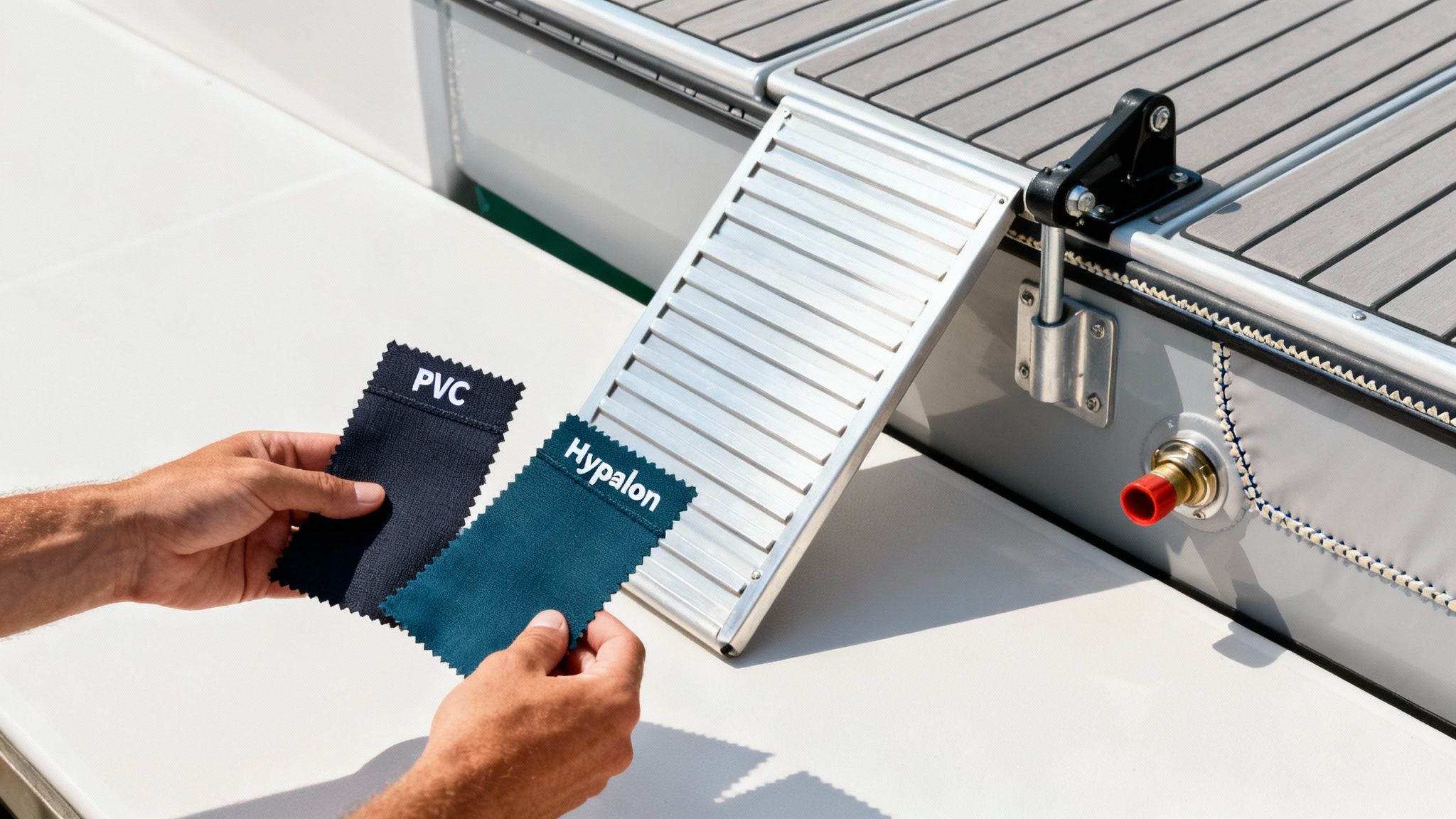 Person holding PVC and Hypalon fabric samples next to inflatable boat manufacturing equipment