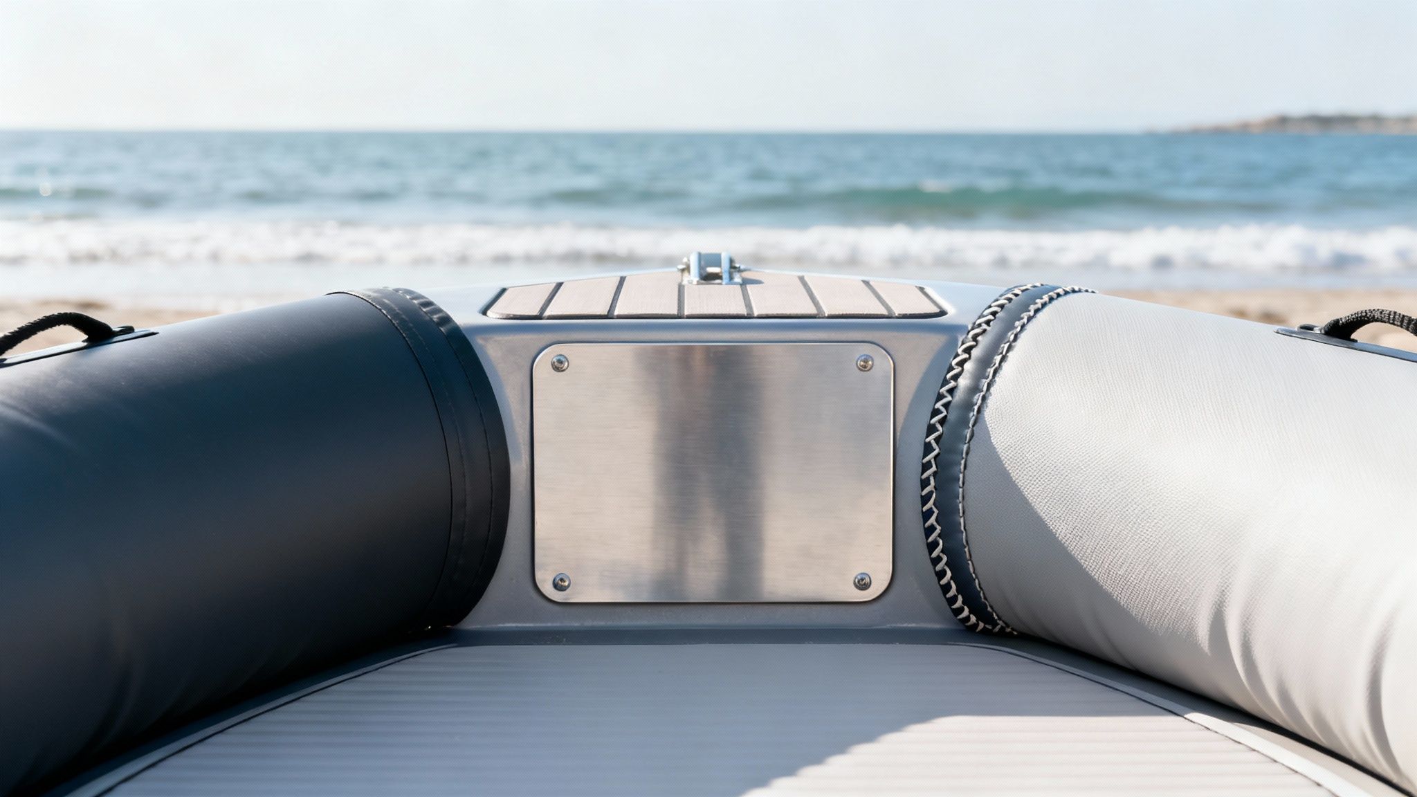 Front view of a rigid inflatable boat (RIB) on a sandy beach, facing the ocean.