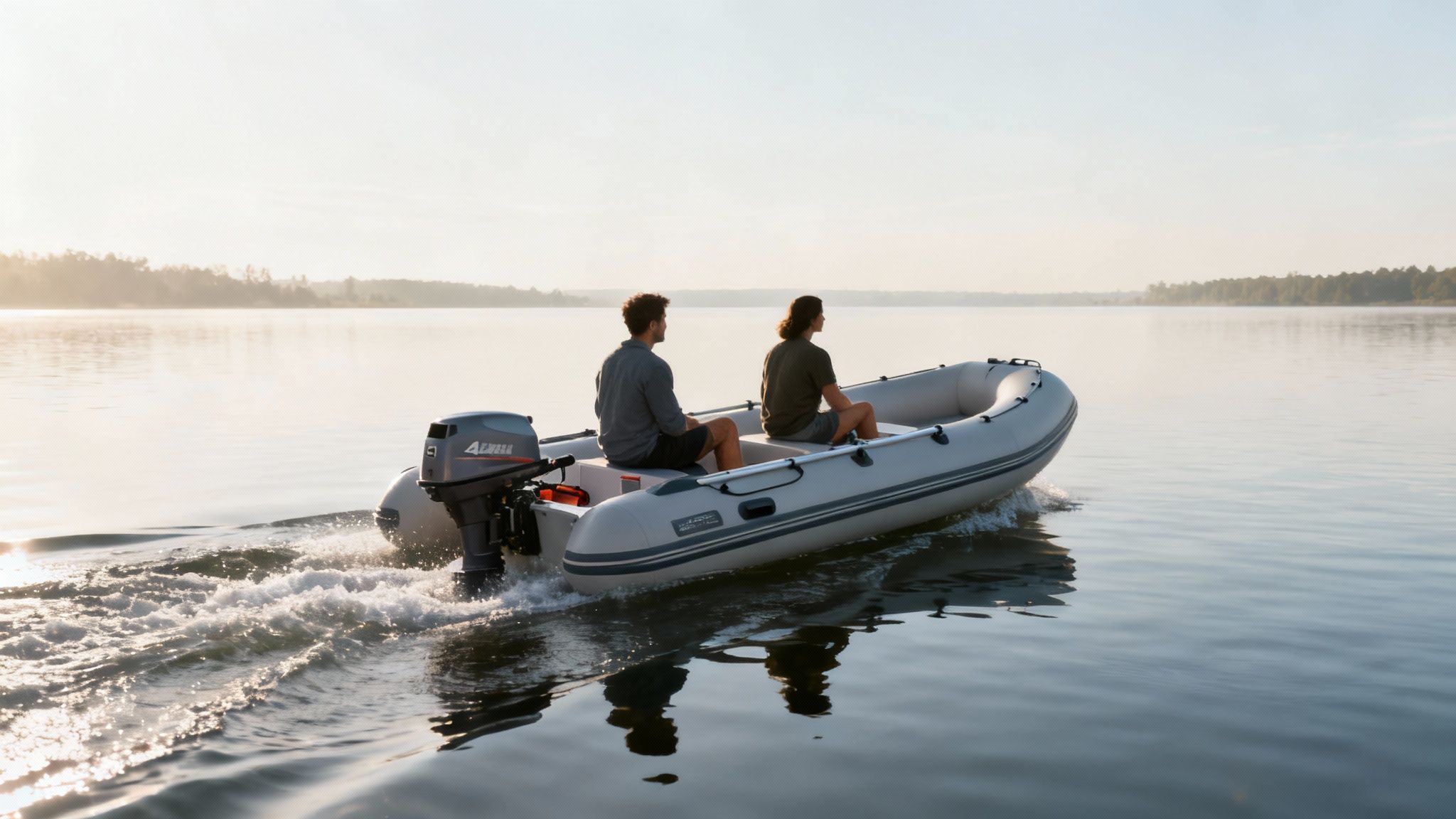 Two men in a grey inflatable boat with a 4hp motor on a calm lake at sunrise.