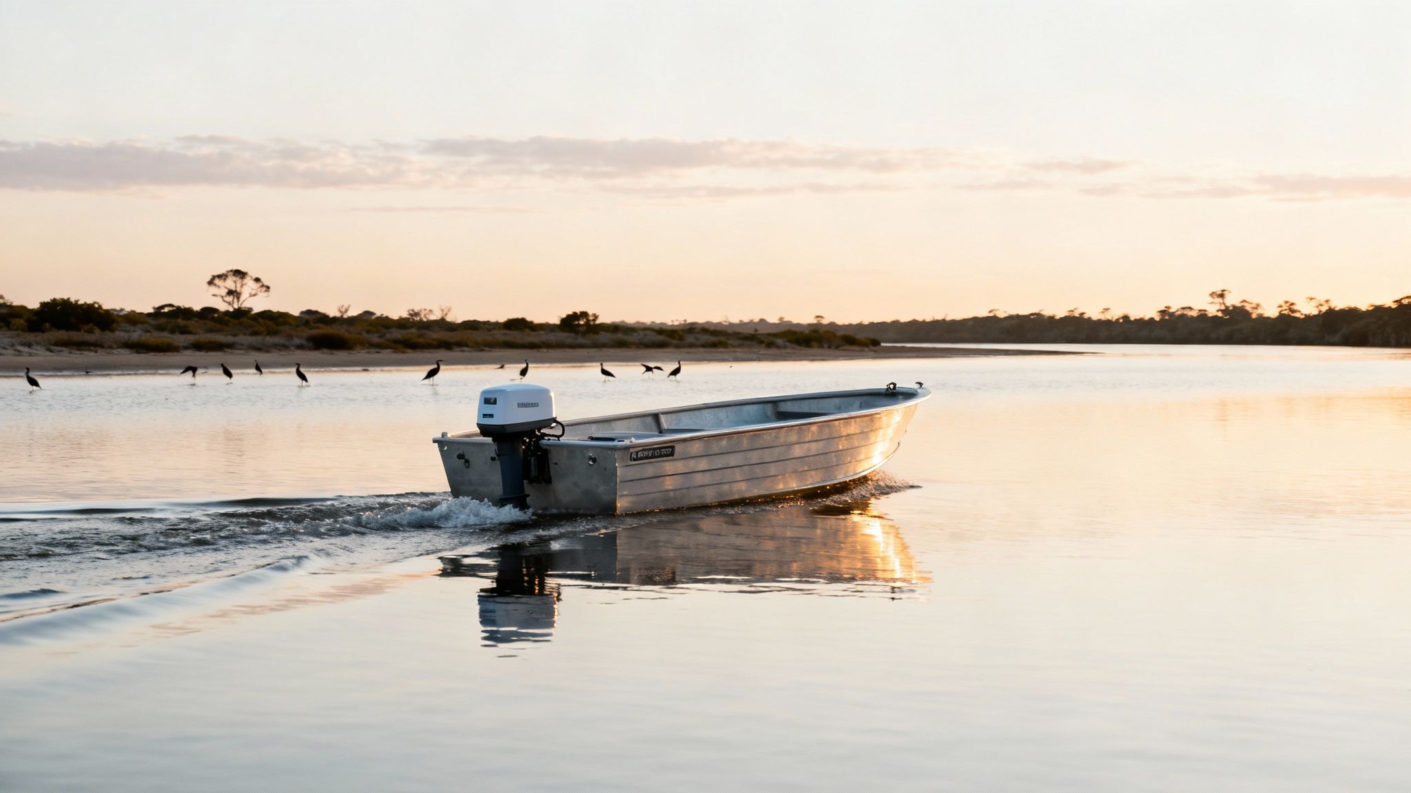 Aluminum boat with electric outboard motor gliding across calm Australian waterway at sunset