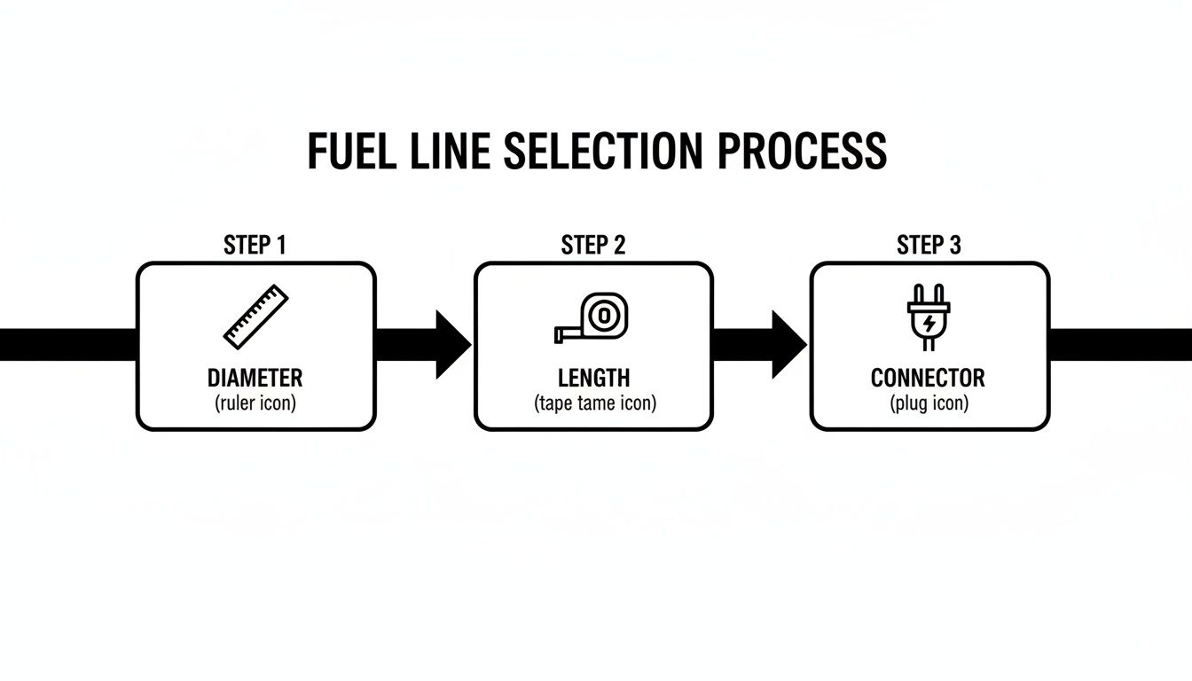 Flowchart illustrating the fuel line selection process, detailing steps for diameter, length, and connector.