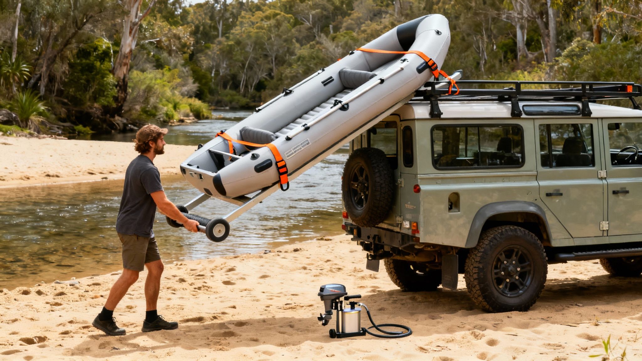 Adventurous man unloads an inflatable boat from his SUV onto a riverbank, ready for the water.